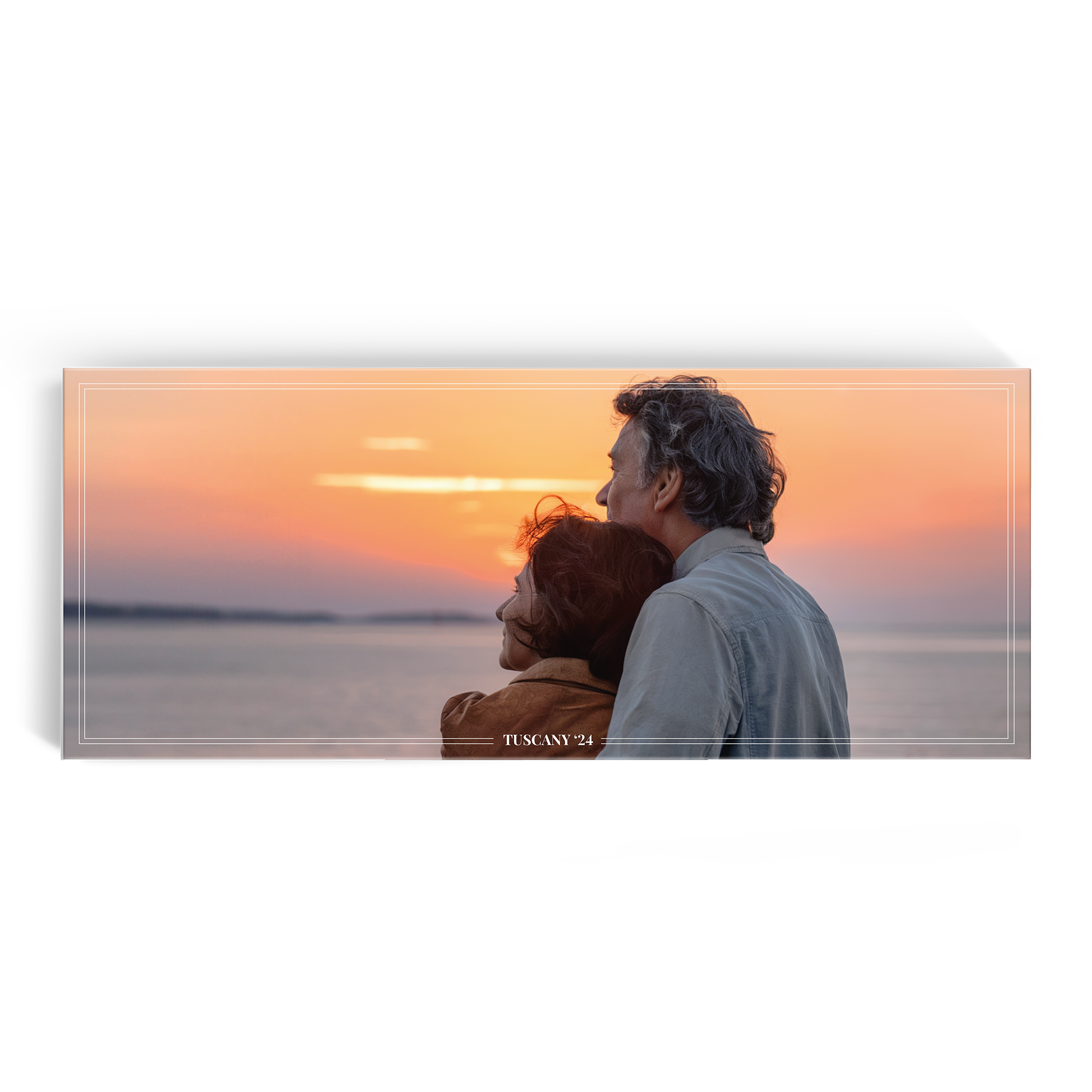 Tablette de chocolat Côte d'Or XXL personnalisée avec un couple au coucher du soleil et l'inscription TUSCANY 24