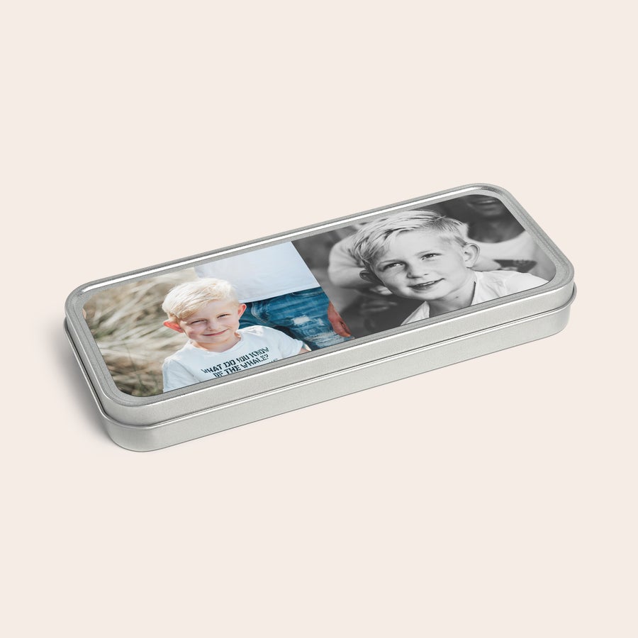 Puszka na długopisy z nadrukiem Personalizowana puszka na długopisy z wydrukowanym zdjęciem uśmiechniętego chłopca