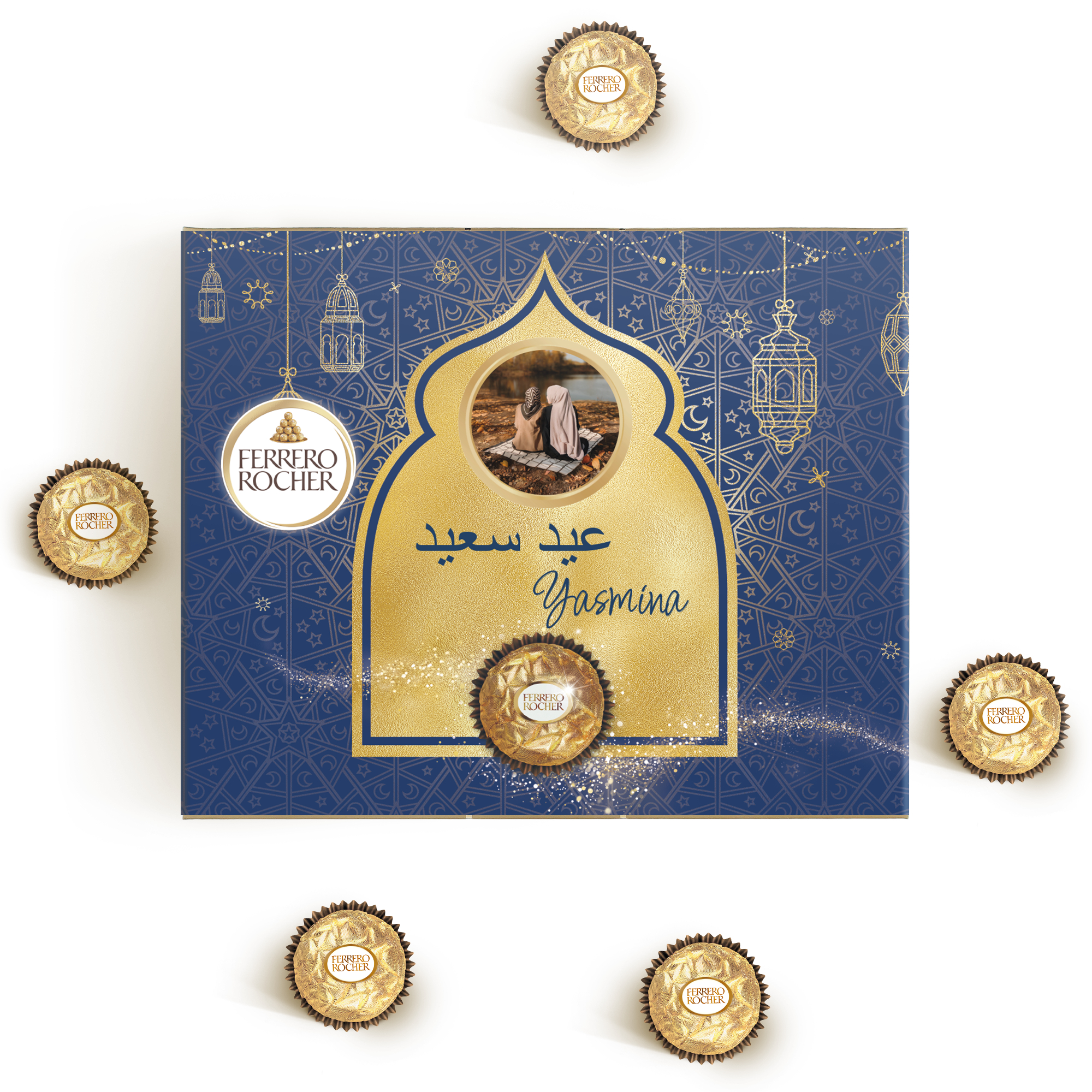 Personalisierte Ramadan Schokolade Ferrero Rocher Box mit eigenem Foto und Yasmina-Aufdruck