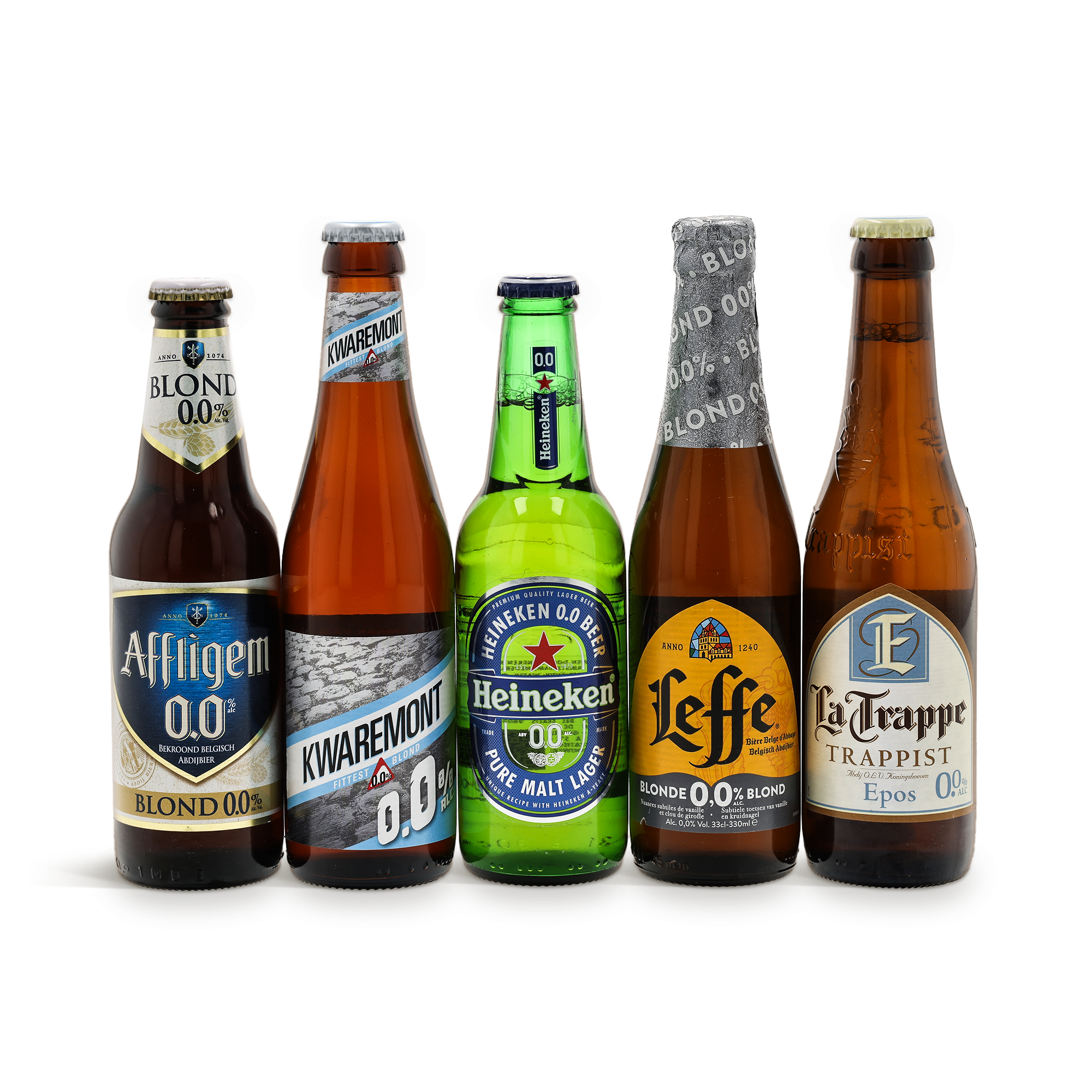 Vijf diverse alcoholvrije bierflesjes, waaronder Heineken en Leffe, voor een gepersonaliseerd bierpakket.