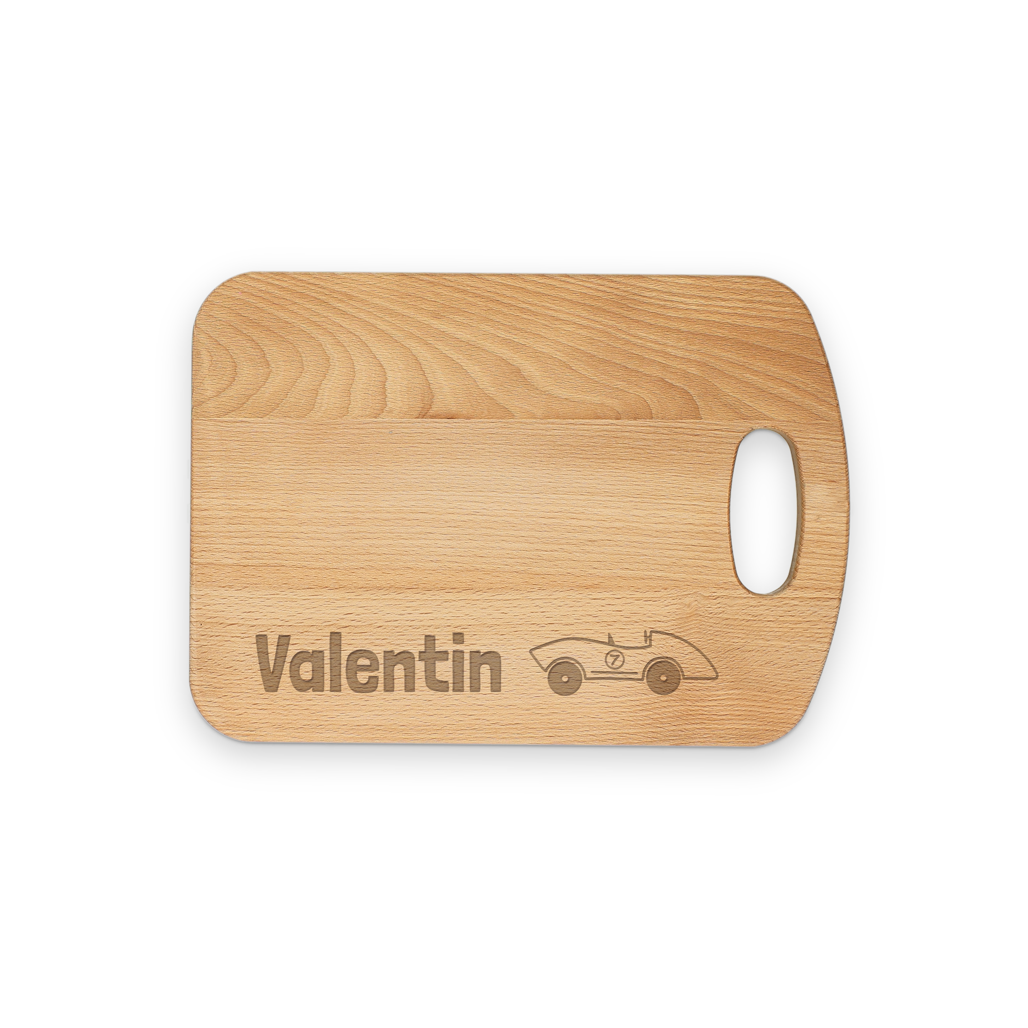 Planche à pain en hêtre massif personnalisée avec le prénom Valentin et une voiture de course gravés.