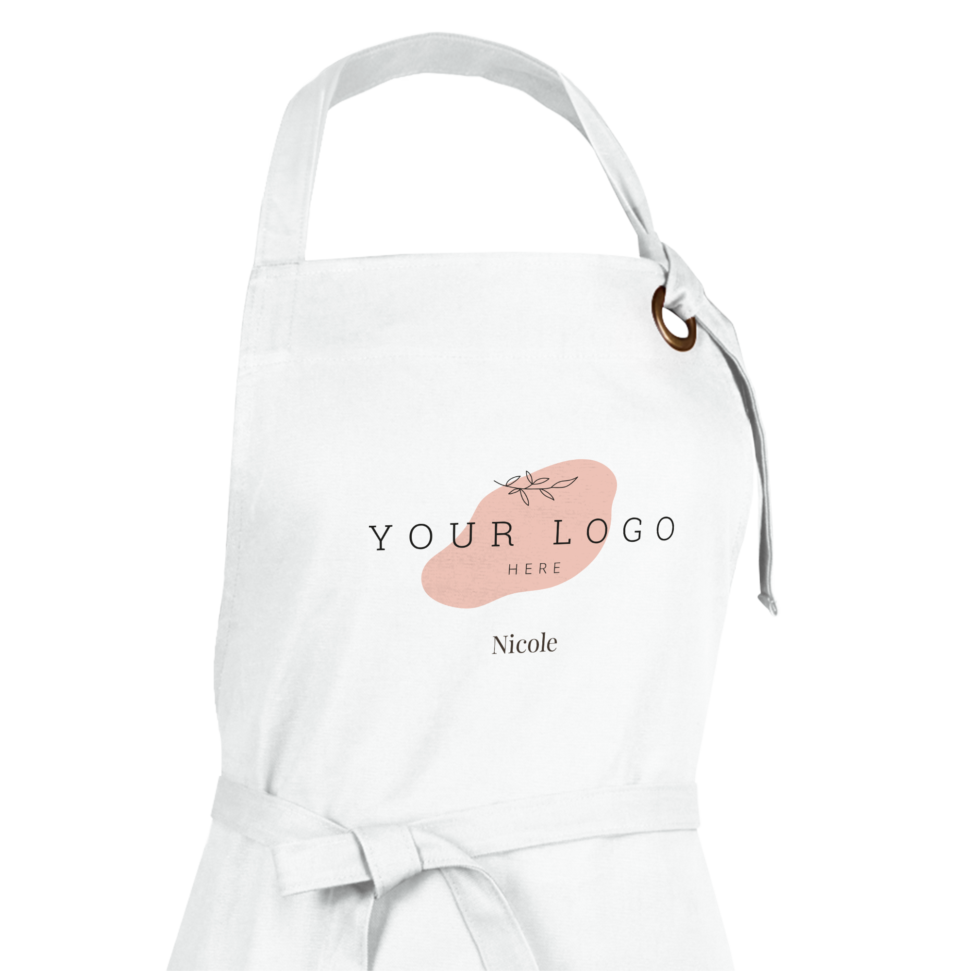 Delantal de cocina blanco personalizado con logo y nombre Nicole impresos