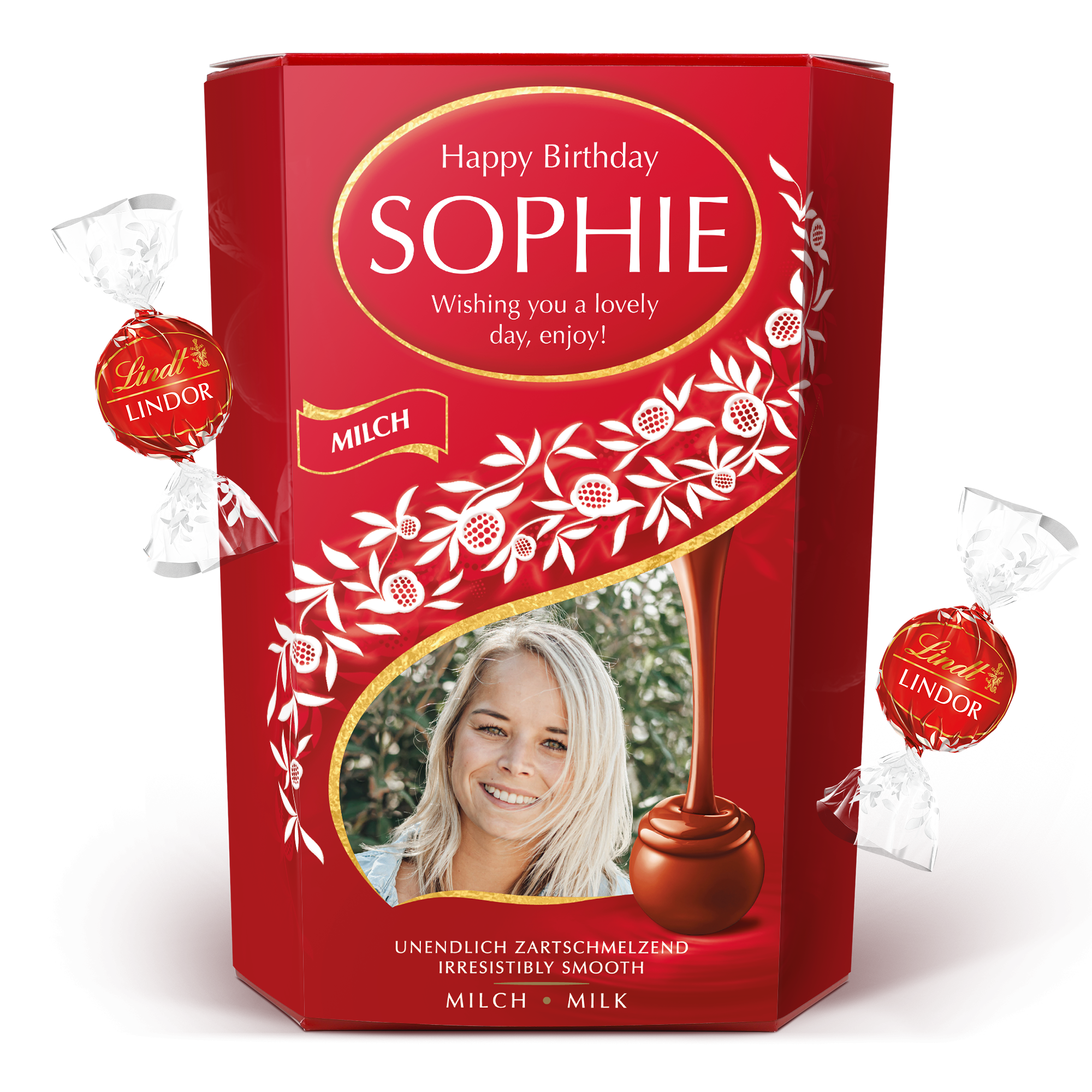 Caixa de presente de chocolate Lindt personalizada com foto, nome Sophie e Feliz Aniversário.