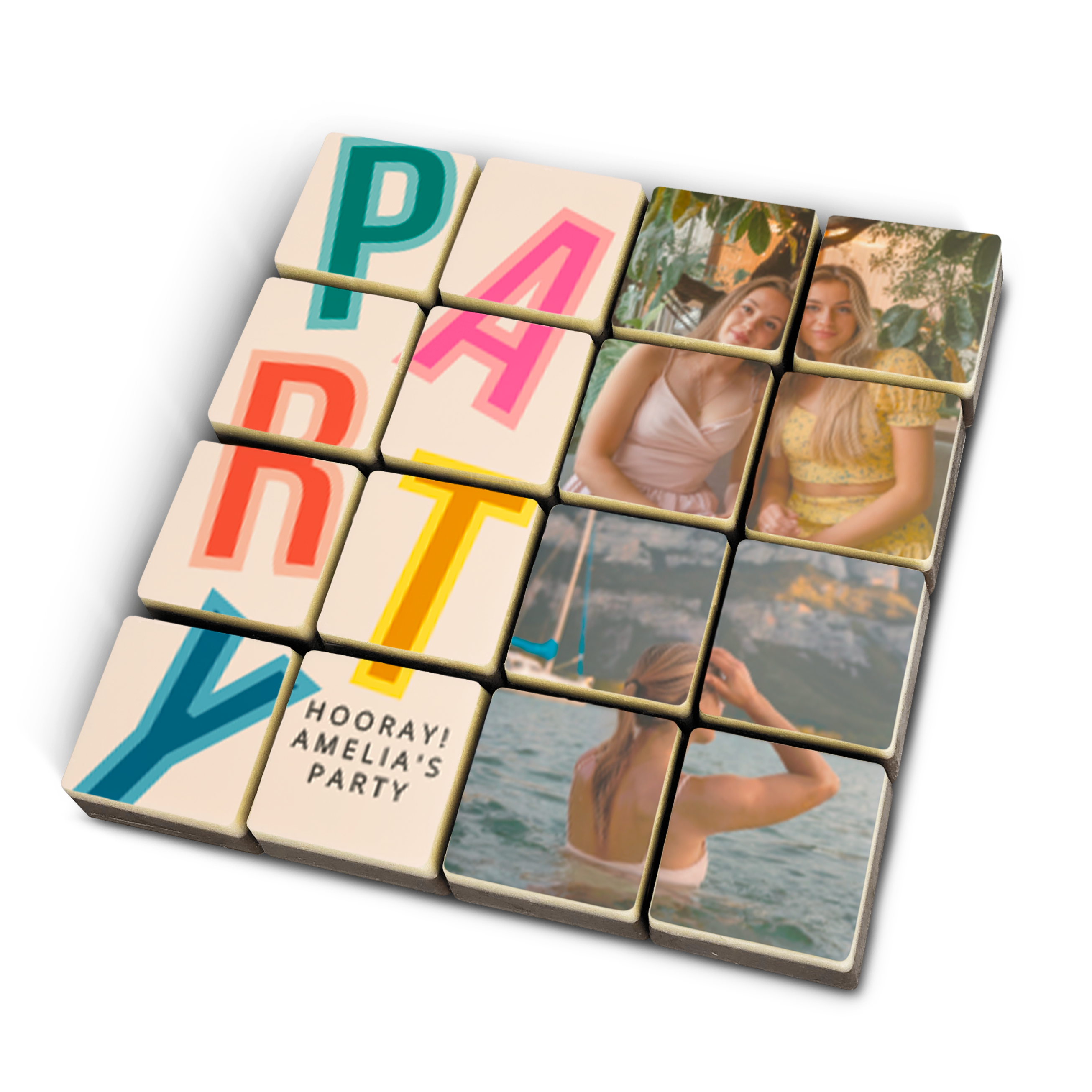 Czekoladowy telegram z napisem Party, Hooray Amelias Party i personalizowanym zdjęciem