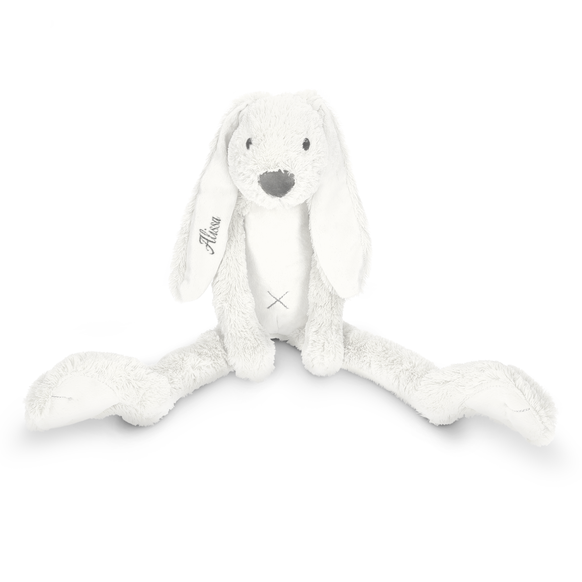 Doudou lapin tout doux gris clair personnalisé avec le prénom Alissa brodé sur l'oreille droite