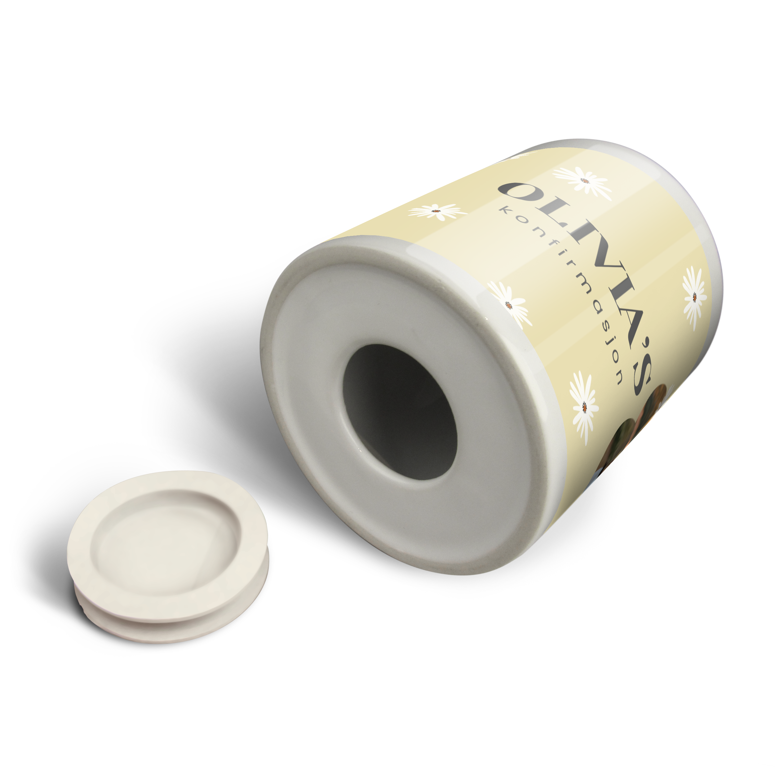 Personlig sparebøsse i keramikk med navn og konfirmasjonsdesign, inkludert en gummiåpning.