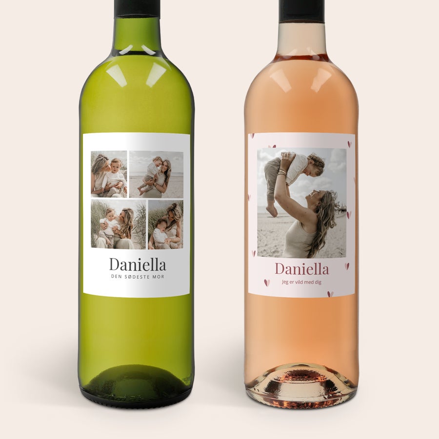 Vinsæt med personlig etikette og trækasse - Belvy rød/hvid/rosé Belvy hvidvin og rosévin med etiketter påtrykt foto, navnet Daniella og personlig tekst