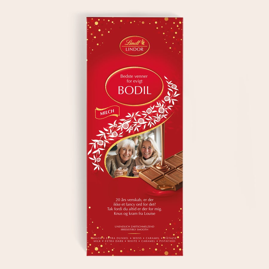 Mega Lindor Chokolade Mega Lindor chokolade med personligt trykt billede af to kvinder og navn Bodil.