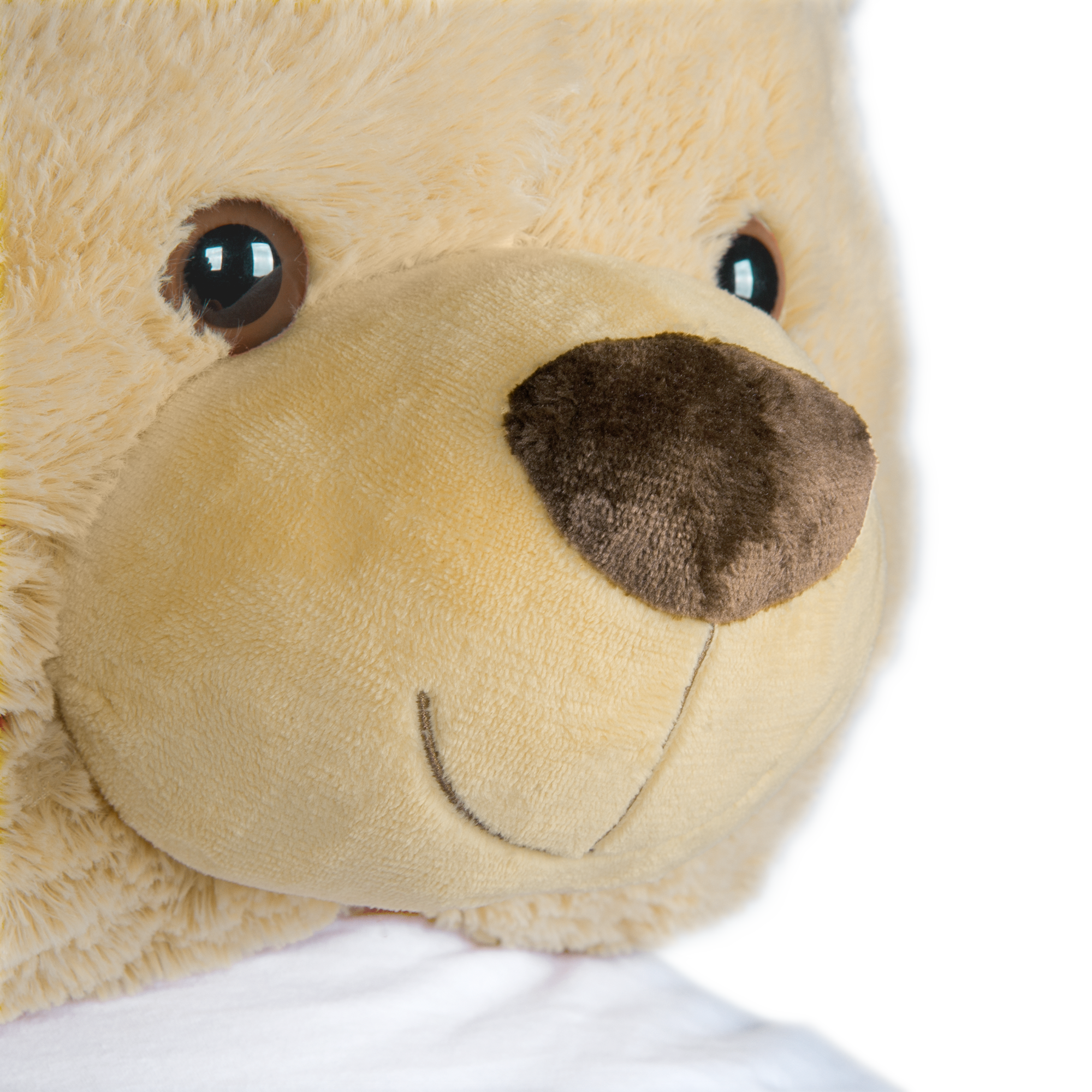 Nærbilde av en gigant-teddybjørn med t-skjorte med trykk, som viser øye og munn.