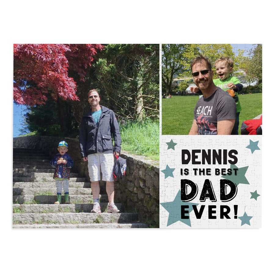 Puzzle original impreso con fotos de padre e hijo y el texto "Dennis is the best dad ever" para el Día del Padre.