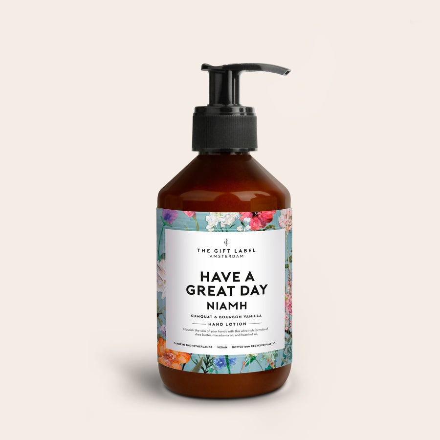 Cremă de mână personalizată Loțiune de mâini personalizată The Gift Label, cu etichetă florală imprimată cu mesajul "Have a great day Niamh".