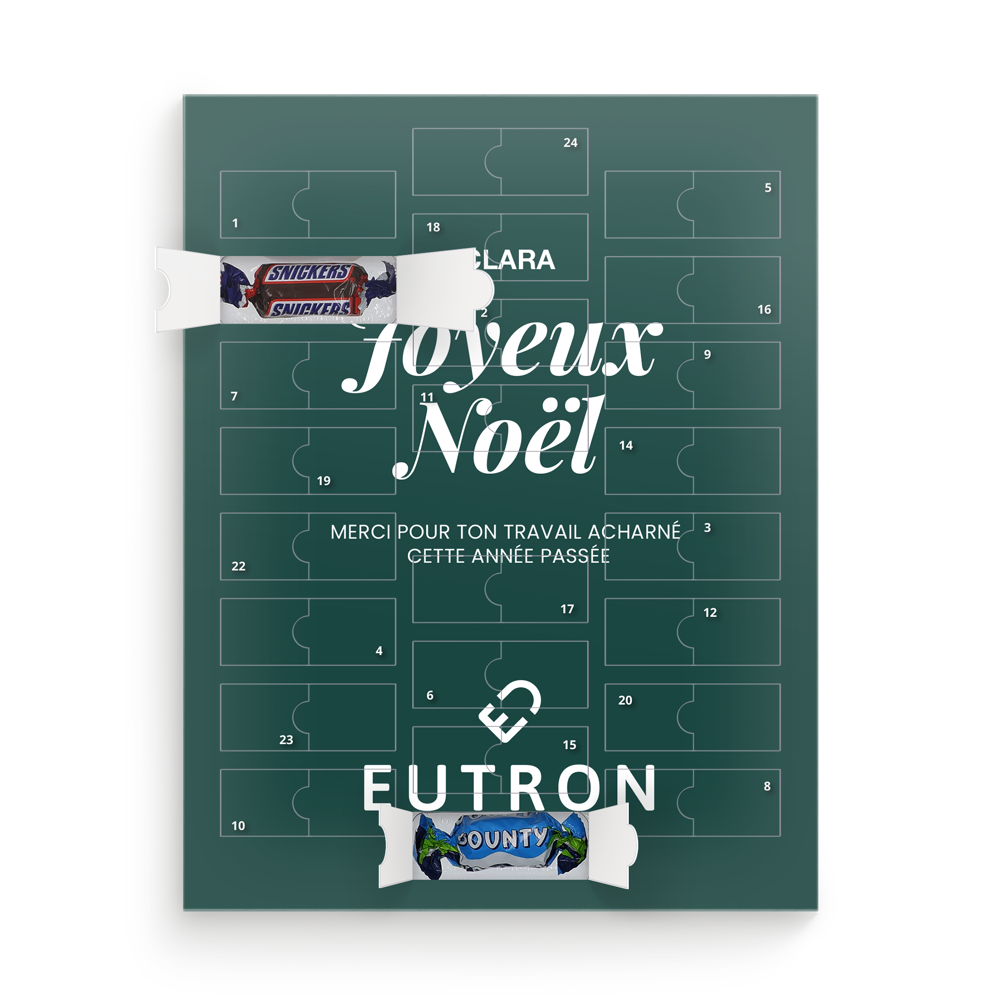 Compte à rebours de Noël avec un calendrier de l’Avent personnalisé vert, imprimé "Joyeux Noël", "Clara" et "EUTRON".