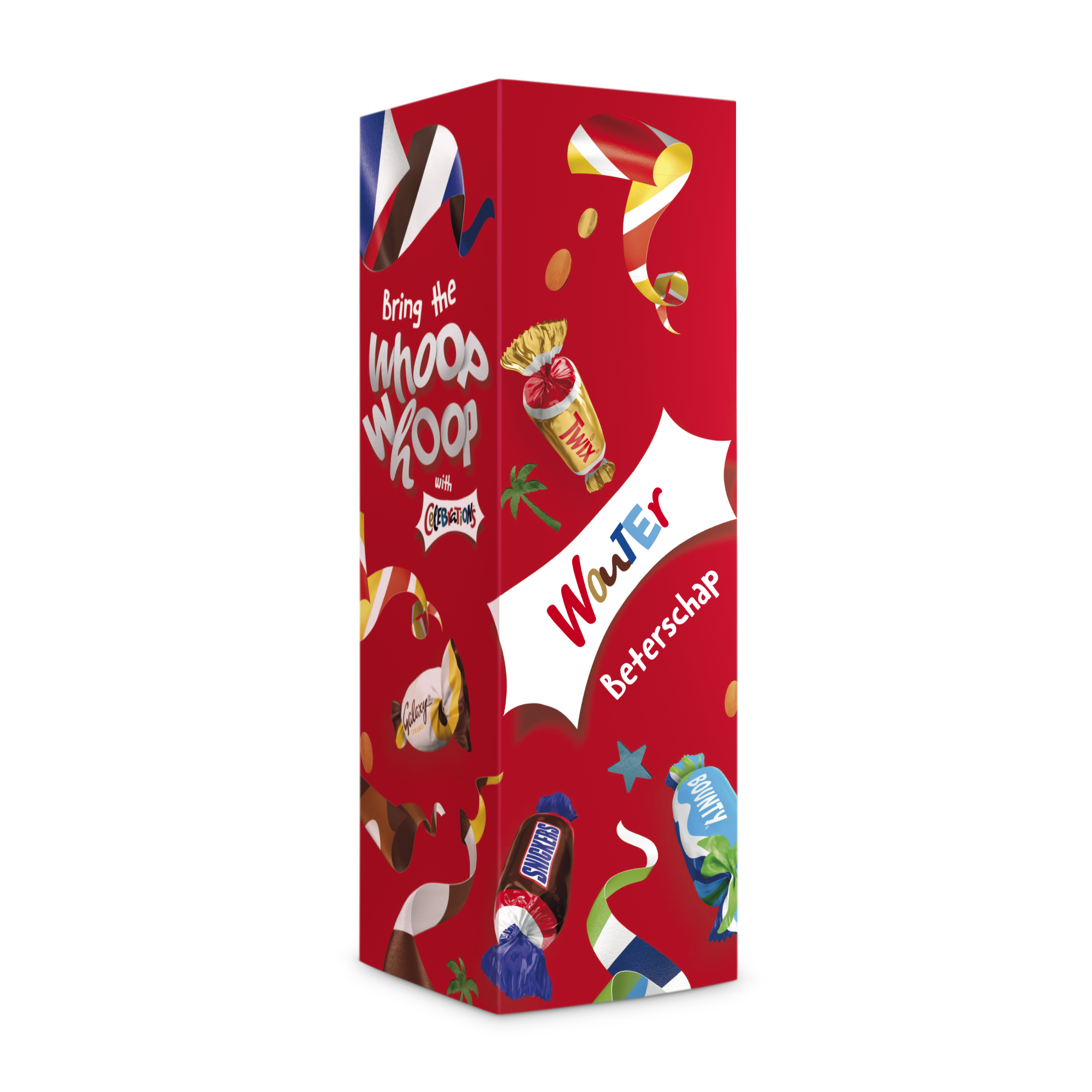 Rode Celebrations fles in giftbox, bedrukt met de naam Wouter en de tekst 'Beterschap'.