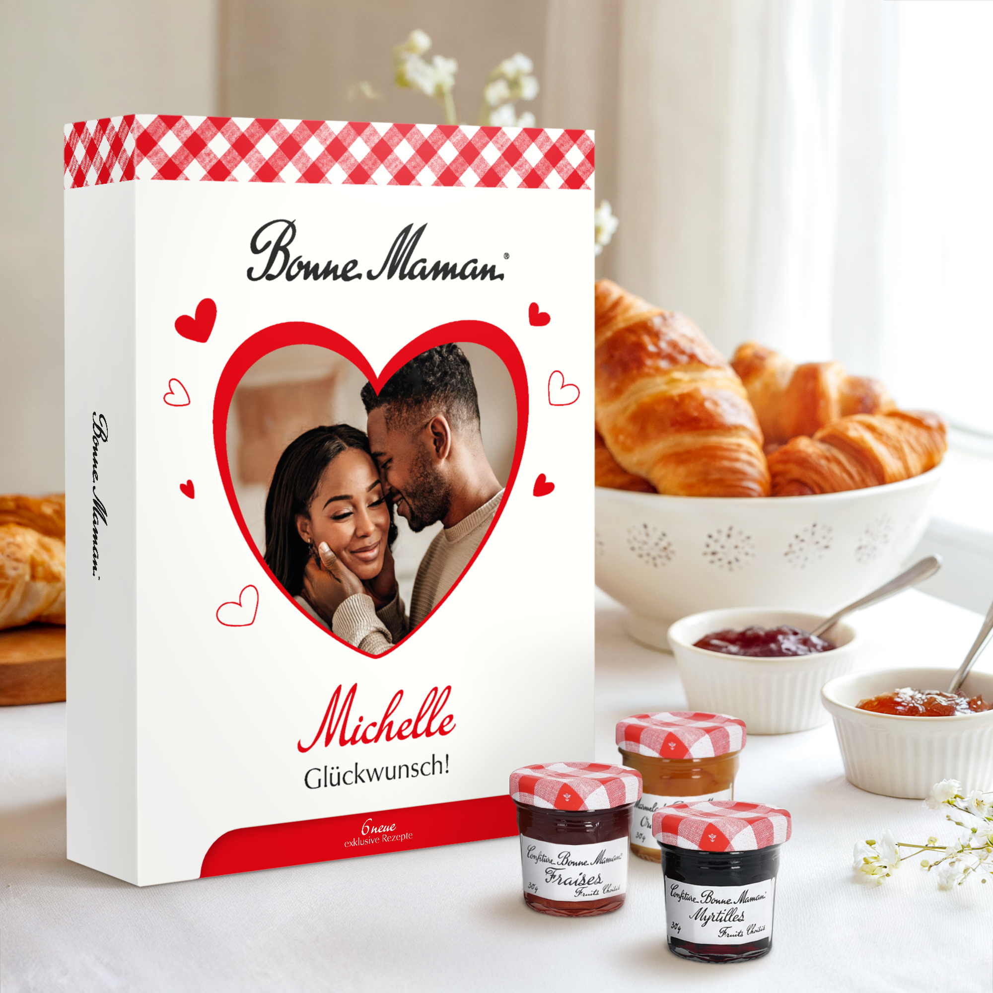 Personalisierte Bonne Maman Geschenkbox mit Foto eines Paares Michelle Glückwunsch gedruckt Überrasche mit einer einzigartigen Bonne Maman Geschenkbox