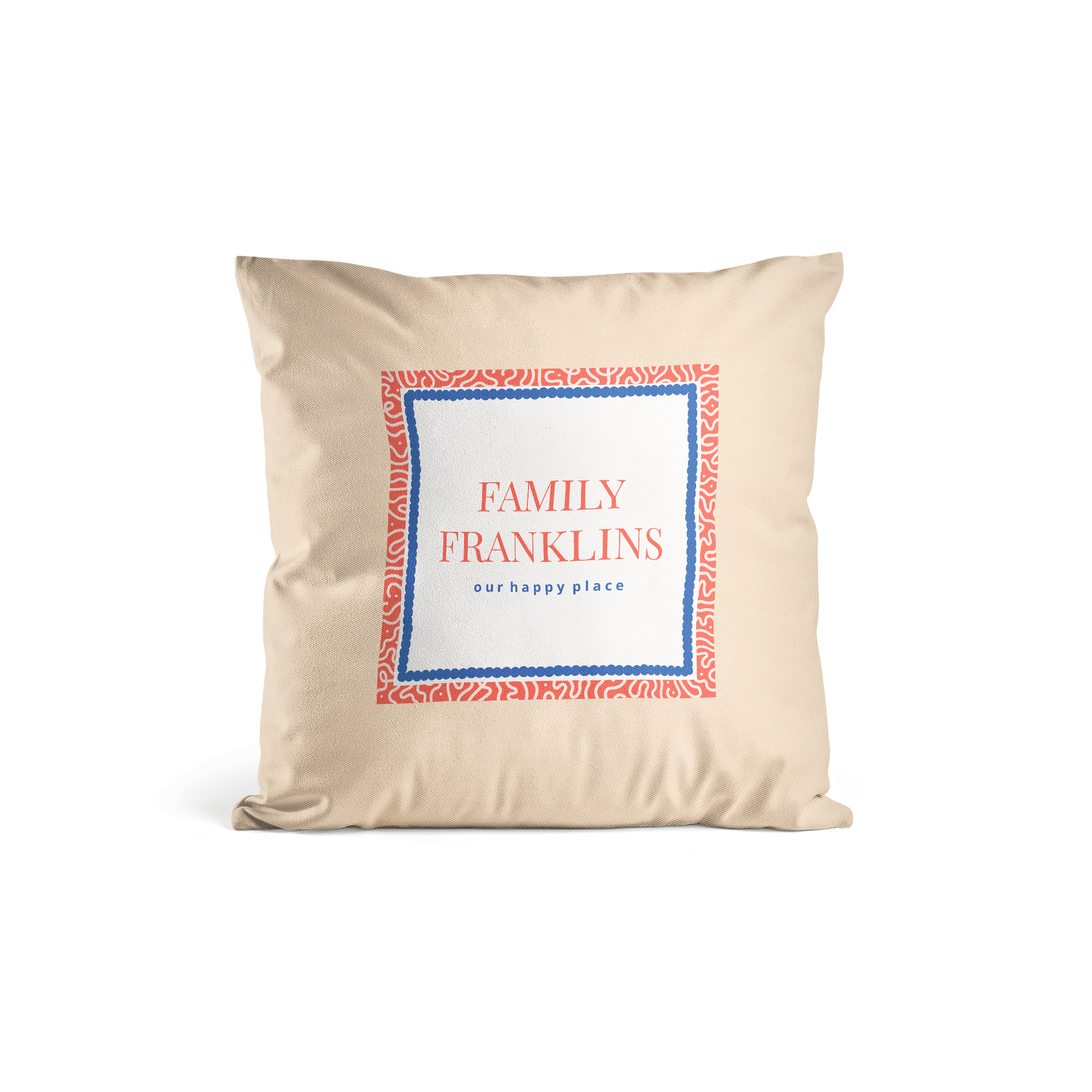 Personalizowana poduszka z beżowego materiału z nadrukowanym napisem Family Franklins our happy place otoczonym ramką