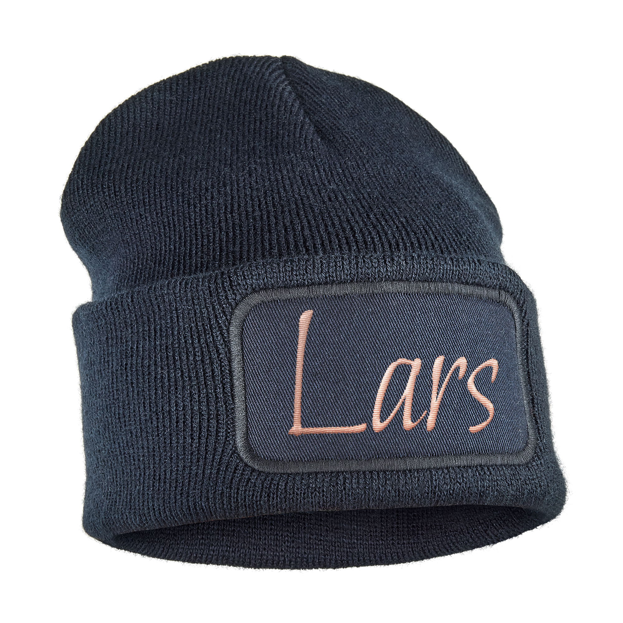 Dark blue beanie with embroidered name "Lars" in a rose gold color on a matching dark blue patch