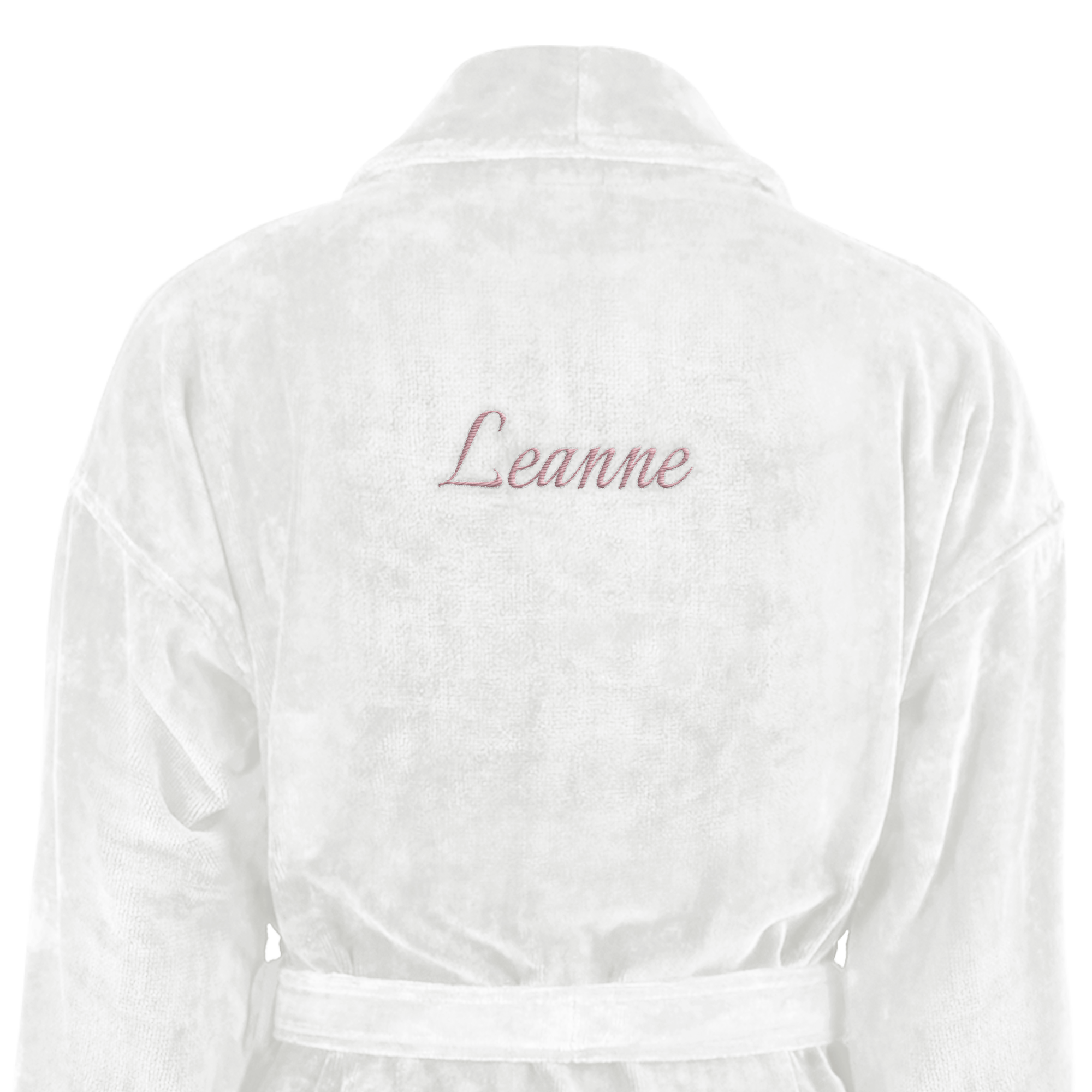 Soft white bathrobe embroidered with the name Leanne in pink thread to give as a gift