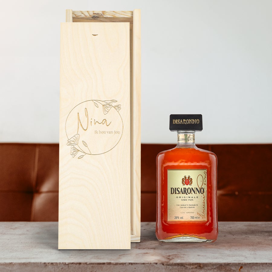 Amaretto Disaronno likeur in kist personaliseren Amaretto Disaronno likeur in kist personaliseren
