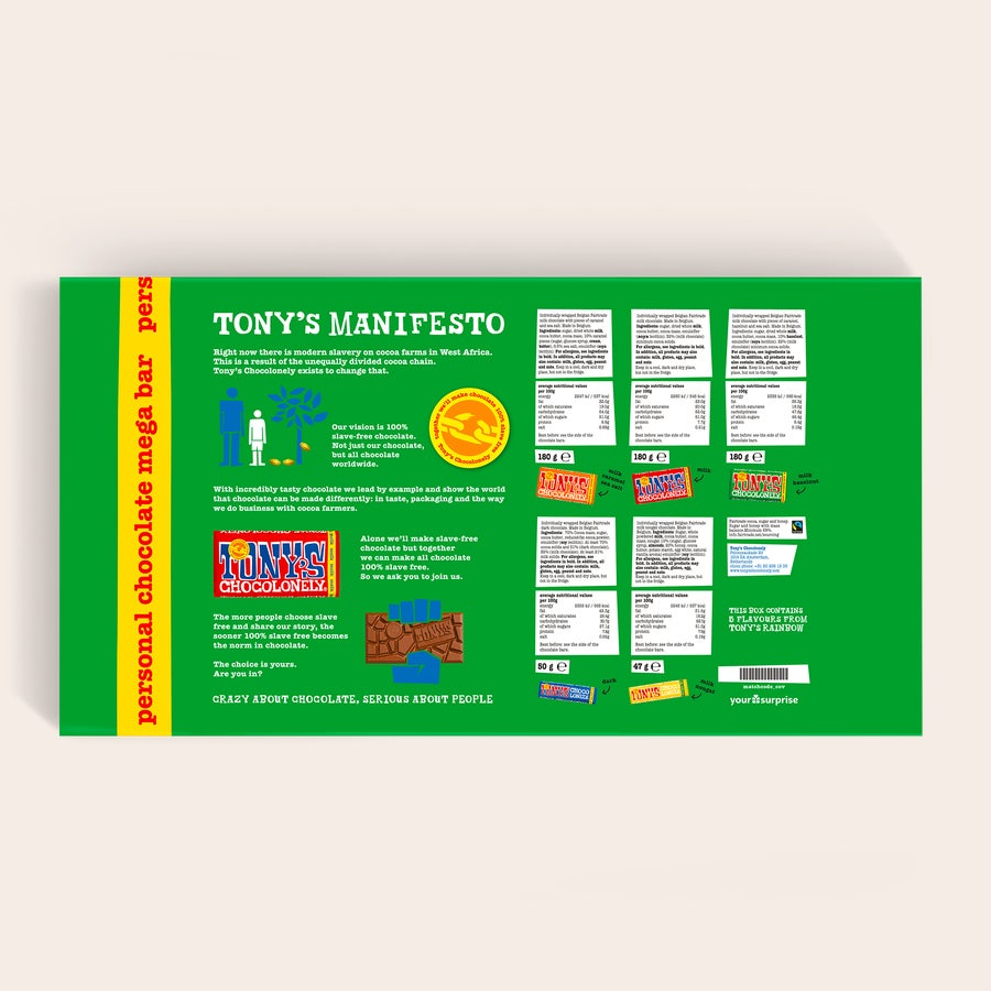Tony's Chocolonely Schokolade mit Namen und Foto (5 Tafeln Schokolade) Diese personalisierte Tony's Chocolonely Mega-Tafel, bedruckt mit "Tony's Manifesto", zeigt verschiedene Schokoladensorten und deren Nährwerte, die allergrößte Überraschung.