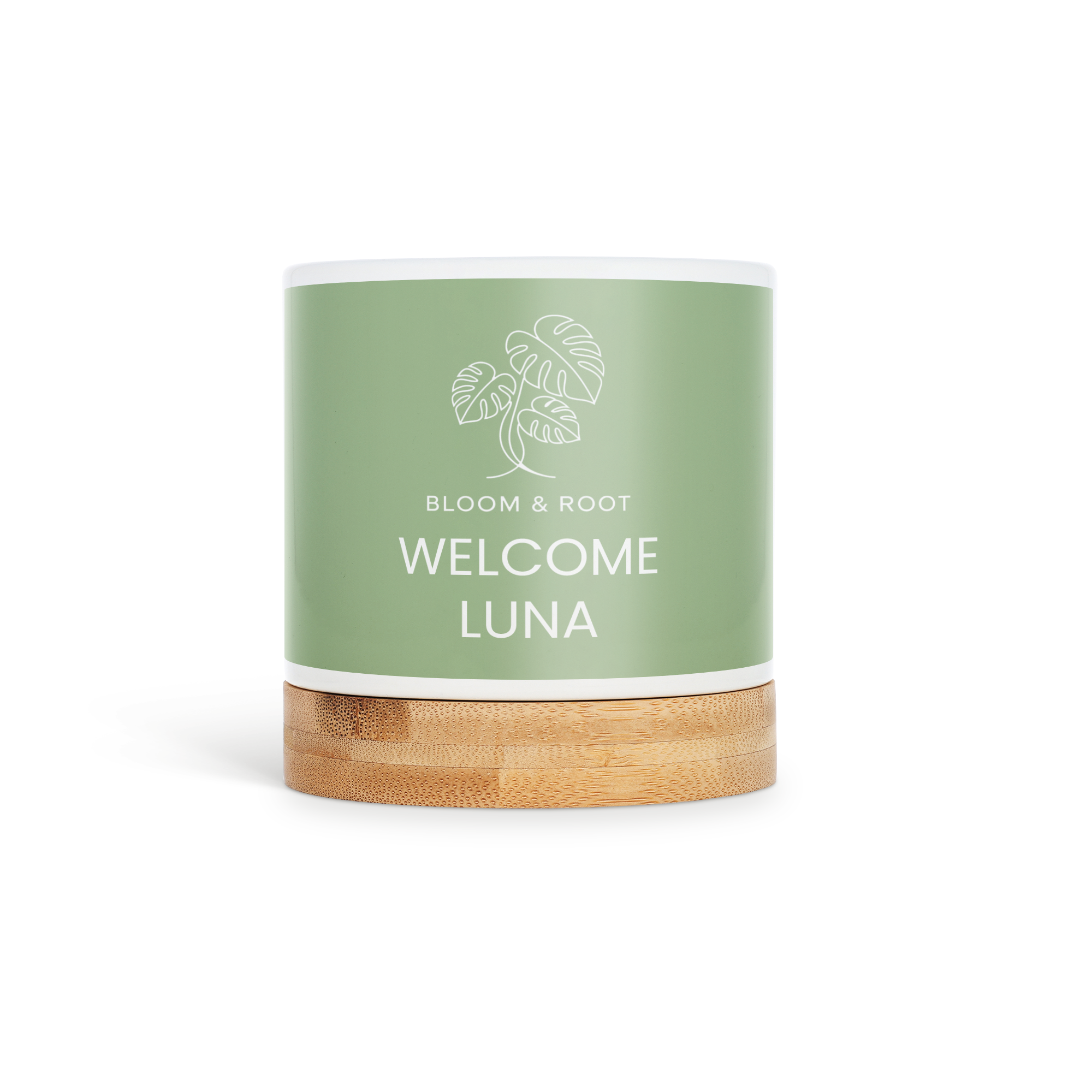 Vaso de cerâmica verde personalizado com “WELCOME LUNA” impresso, base de bambu. Dê a eles um toque pessoal e verde que eles irão valorizar.