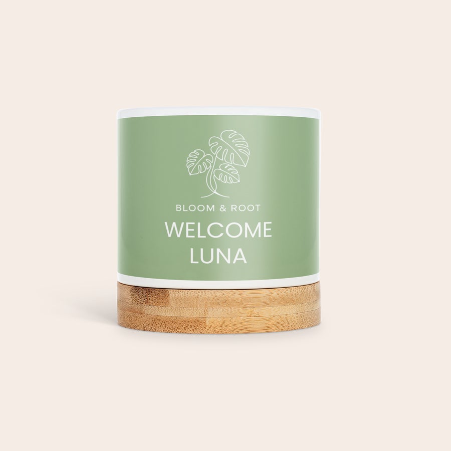 Vaso da fiori personalizzato Vaso da fiori in ceramica bianco e verde stampato con "WELCOME LUNA" e logo Bloom & Root, base in bambù. Regala loro del verde con un tocco personale che apprezzeranno.