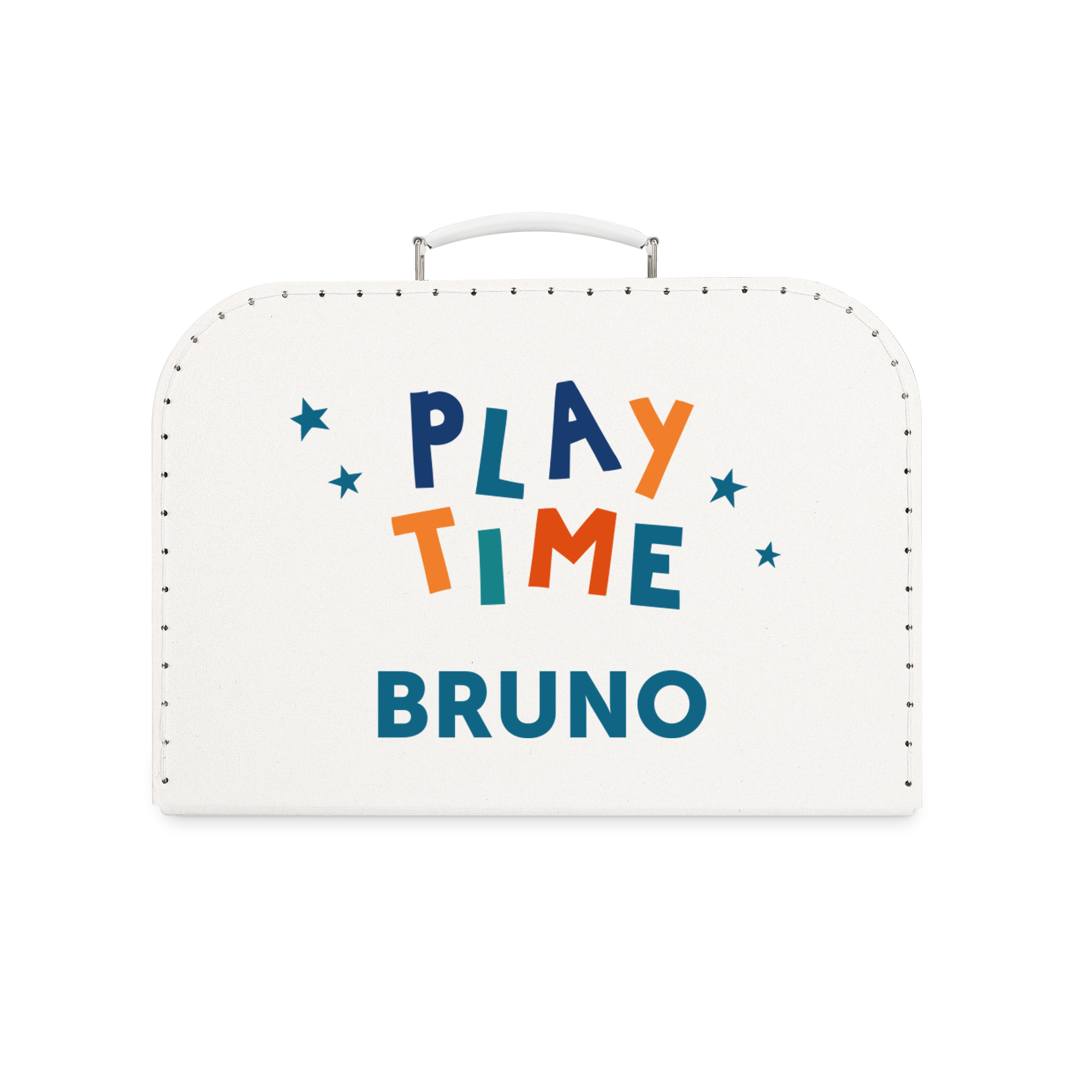 Valisette blanche personnalisée avec le prénom Bruno et le texte Play Time en couleur, un rangement idéal pour enfant