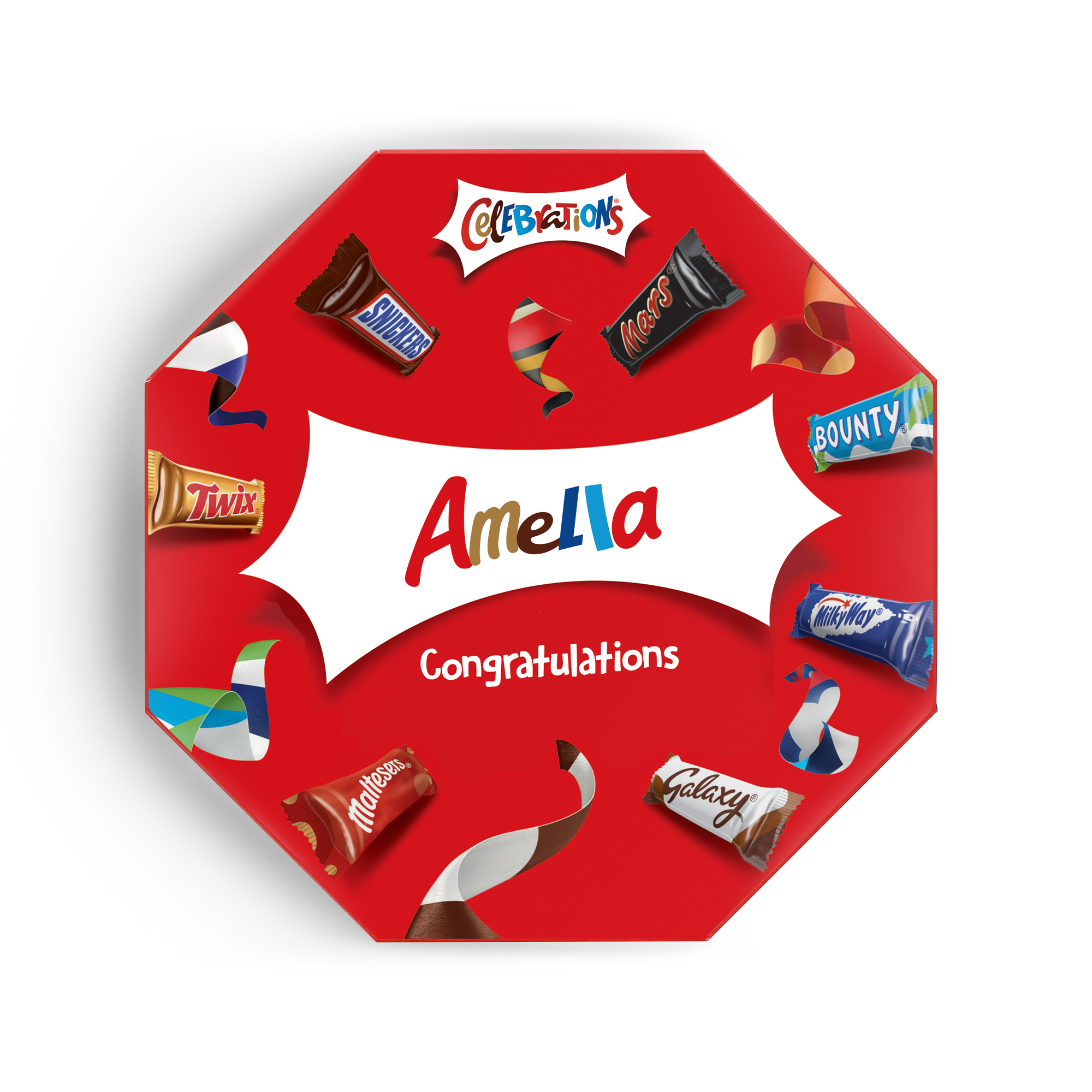 Celebrations box with name printed on the red packaging featuring assorted chocolate candy bars and congratulations text