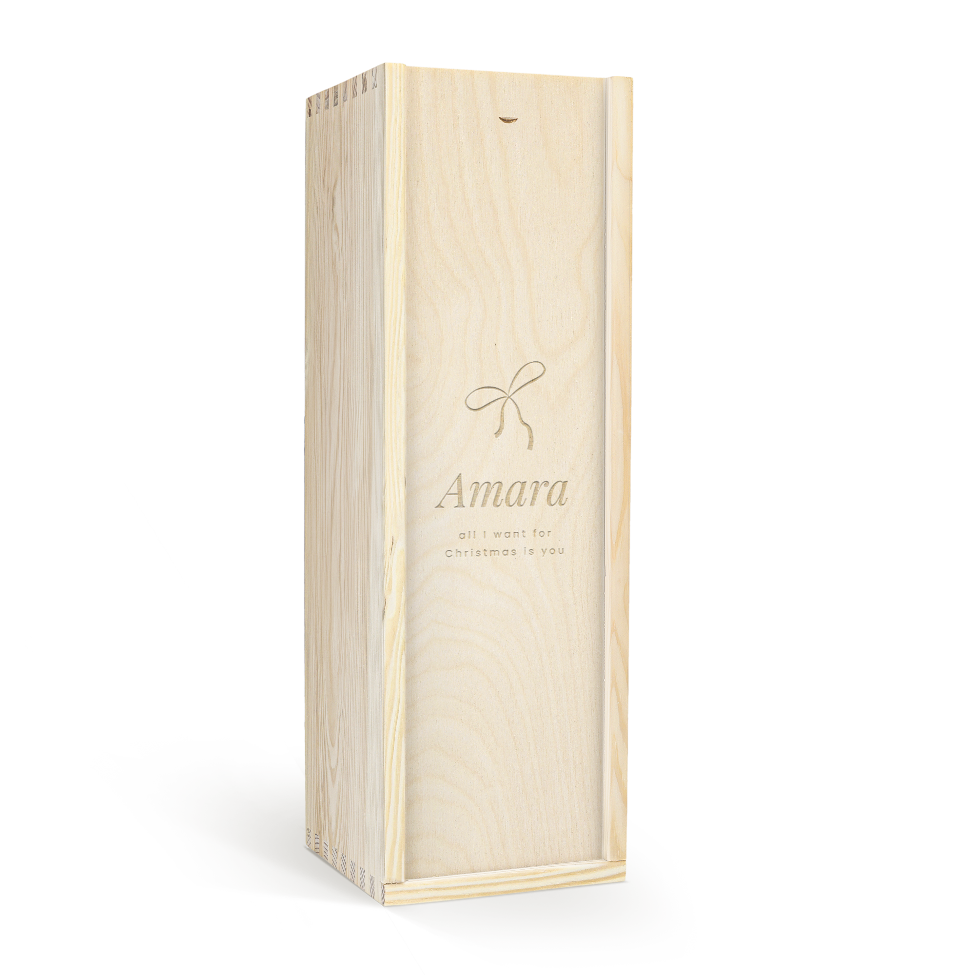 Personalized vodka in an engraved wooden case with the name Amara and the text all I want for Christmas is you