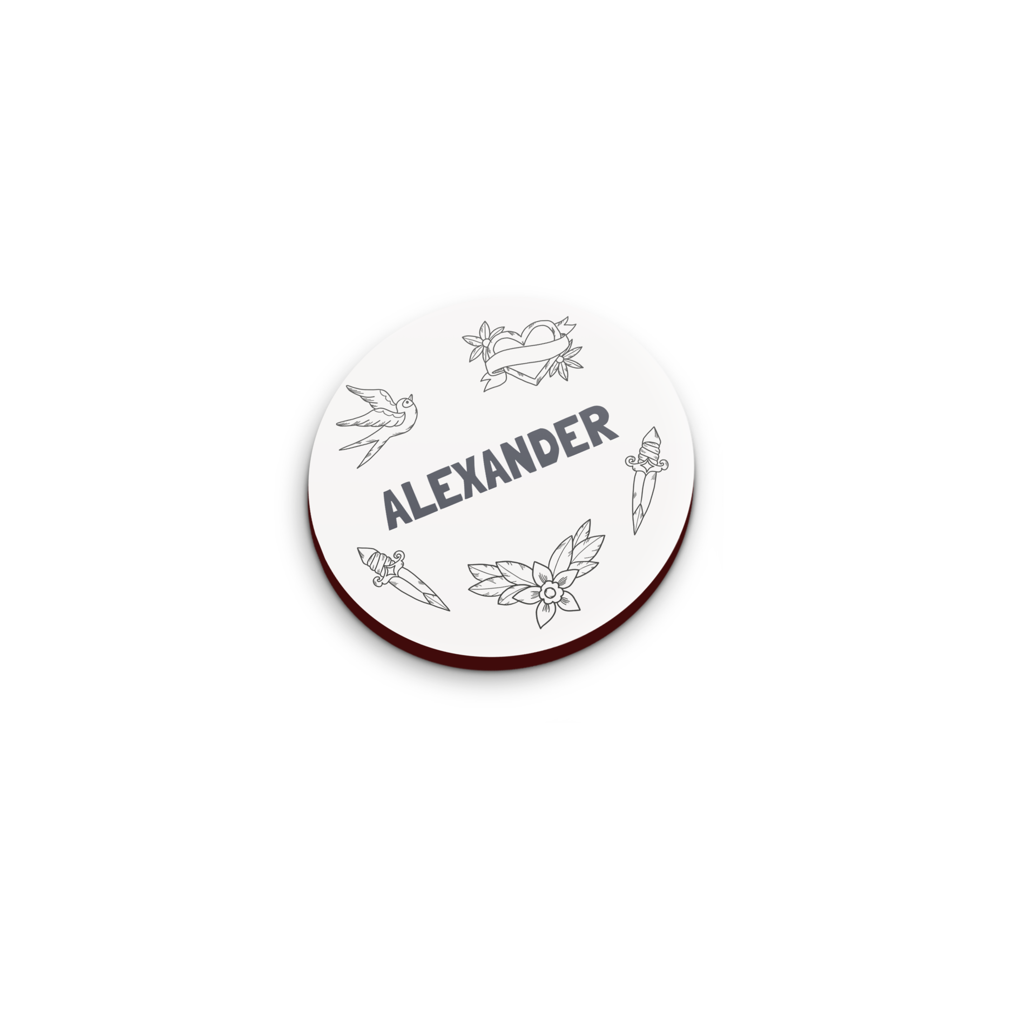 Íman redondo personalizado com o nome ALEXANDER e desenhos de tatuagens tradicionais.