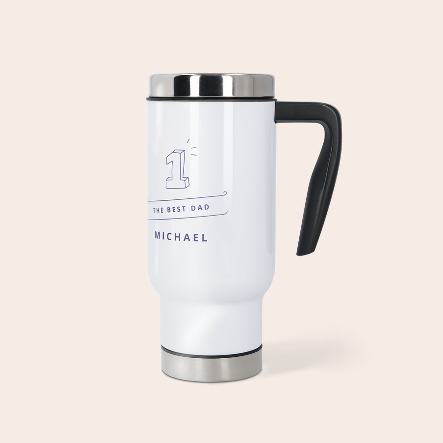 Tazza Termica Personalizzata Tazza thermos bianca personalizzata con manico nero, stampata con il numero 1, la frase THE BEST DAD e il nome MICHAEL in blu.