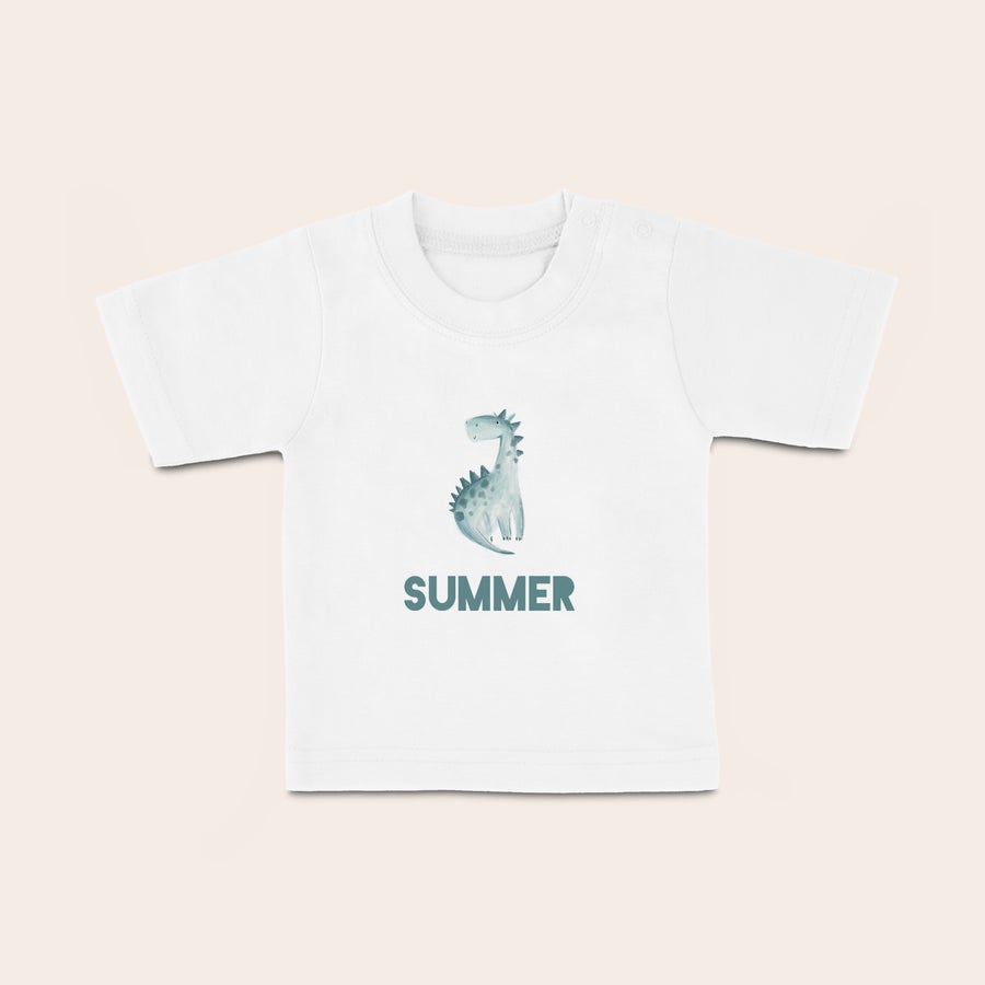 Poosebljena majica - Baby Bela personalizirana otroška majica z natisnjenim dinozavrom in imenom Summer