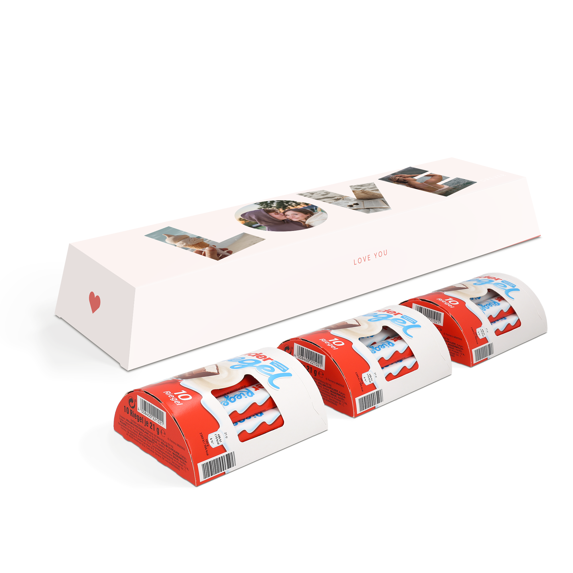 Personalisierte XXL Kinder Riegel mit Fotos auf der LOVE-Verpackung bedruckt.