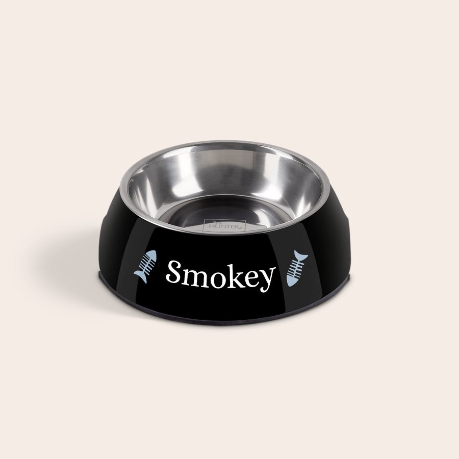 Comedero - Gato Comedero personalizado negro con bol de acero, nombre "Smokey" y espinas de pescado, ¡pide este comedero con nombre!