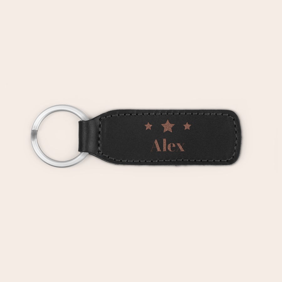 Personalised key ring - Leather Black leather keychain engraved with Alex and three stars, perfect for your set of keys