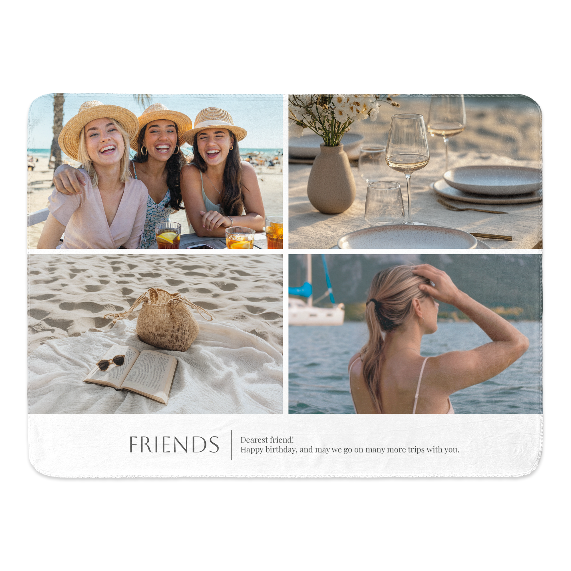 Personalizovaná fleecová deka s koláží čtyř fotografií a textem „FRIENDS“