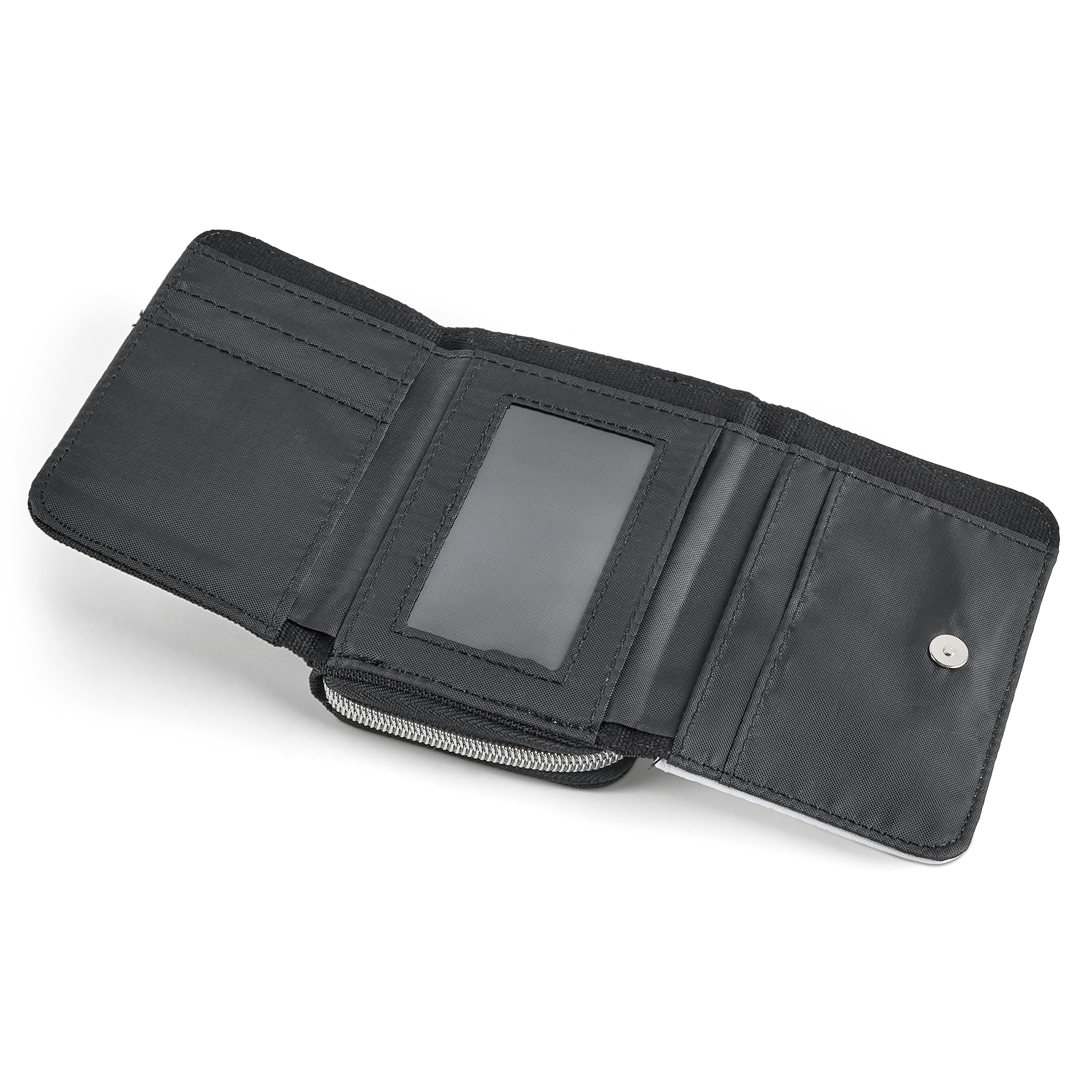 An open, black fabric personalised small purse with multiple card slots, a clear ID window, and a zippered coin compartment.