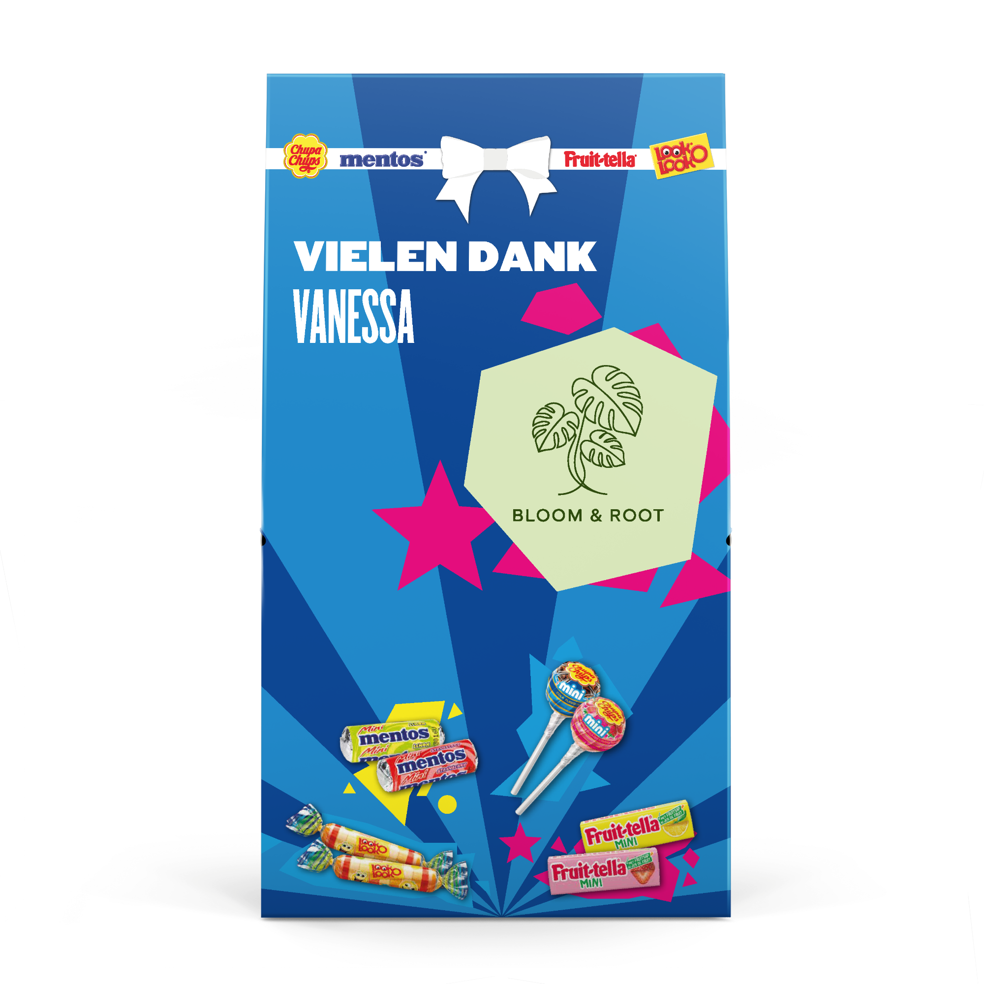 Personalisierte Fruit-tella-Bonbonmischung in blauer Verpackung mit „VIELEN DANK VANESSA“ gedruckt