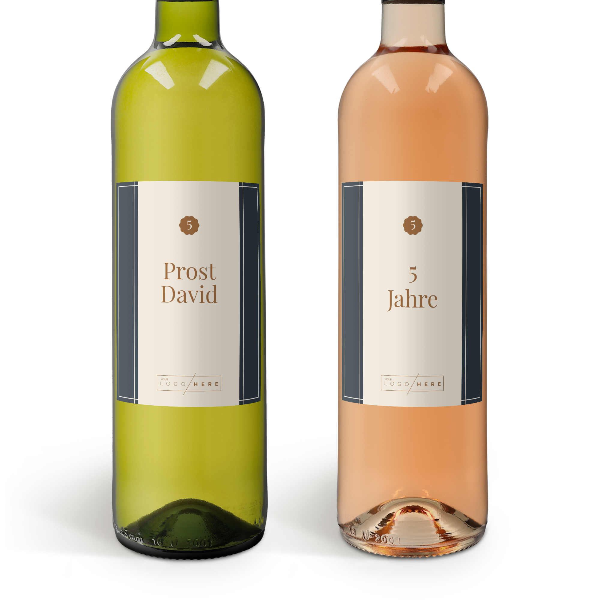 Weinpaket Maison de la Surprise mit Sauvignon Blanc und Syrah Rosé, personalisiert mit gedruckten Etiketten Prost David und 5 Jahre.