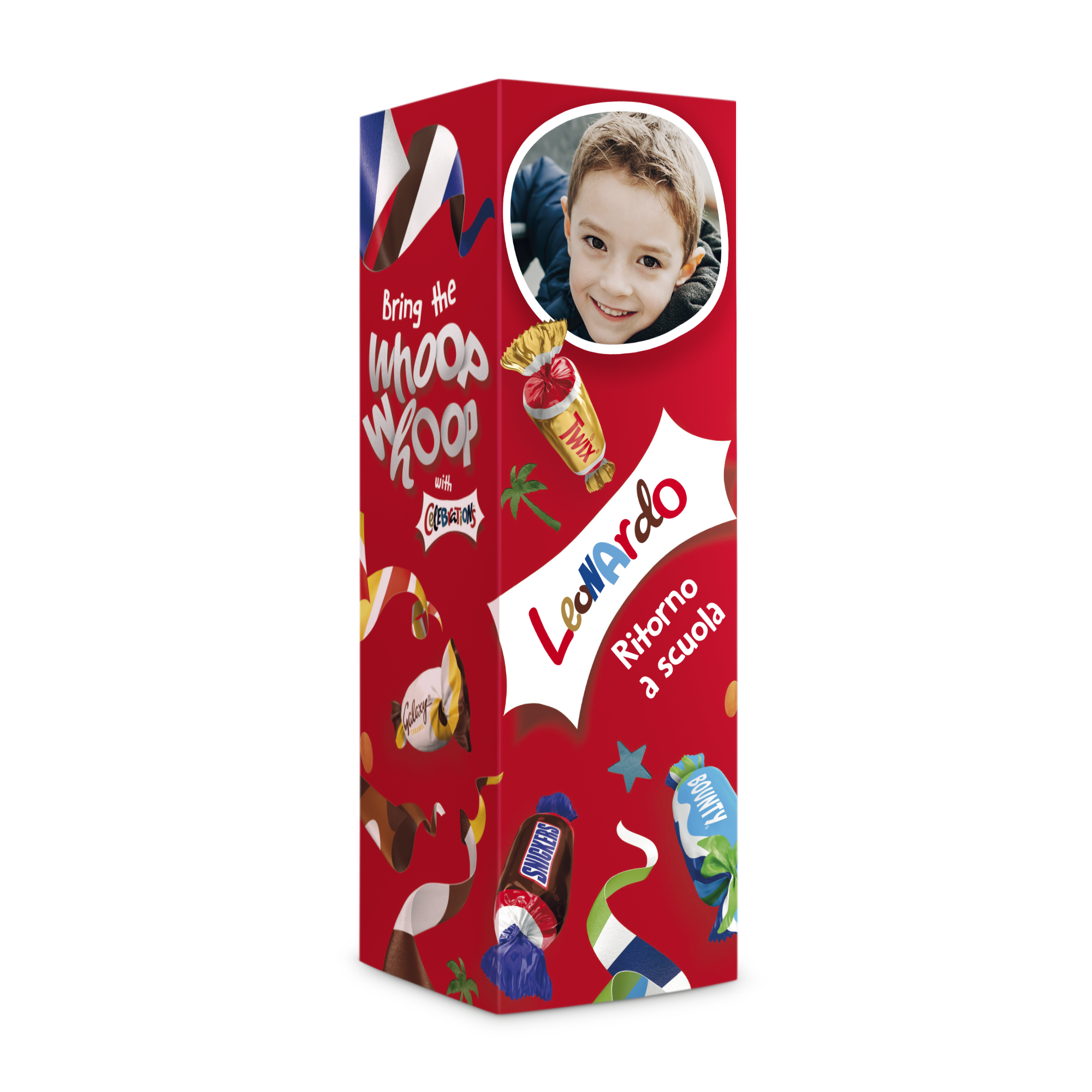 Bottiglia di cioccolatini Celebrations personalizzata con foto di bambino e testo 
