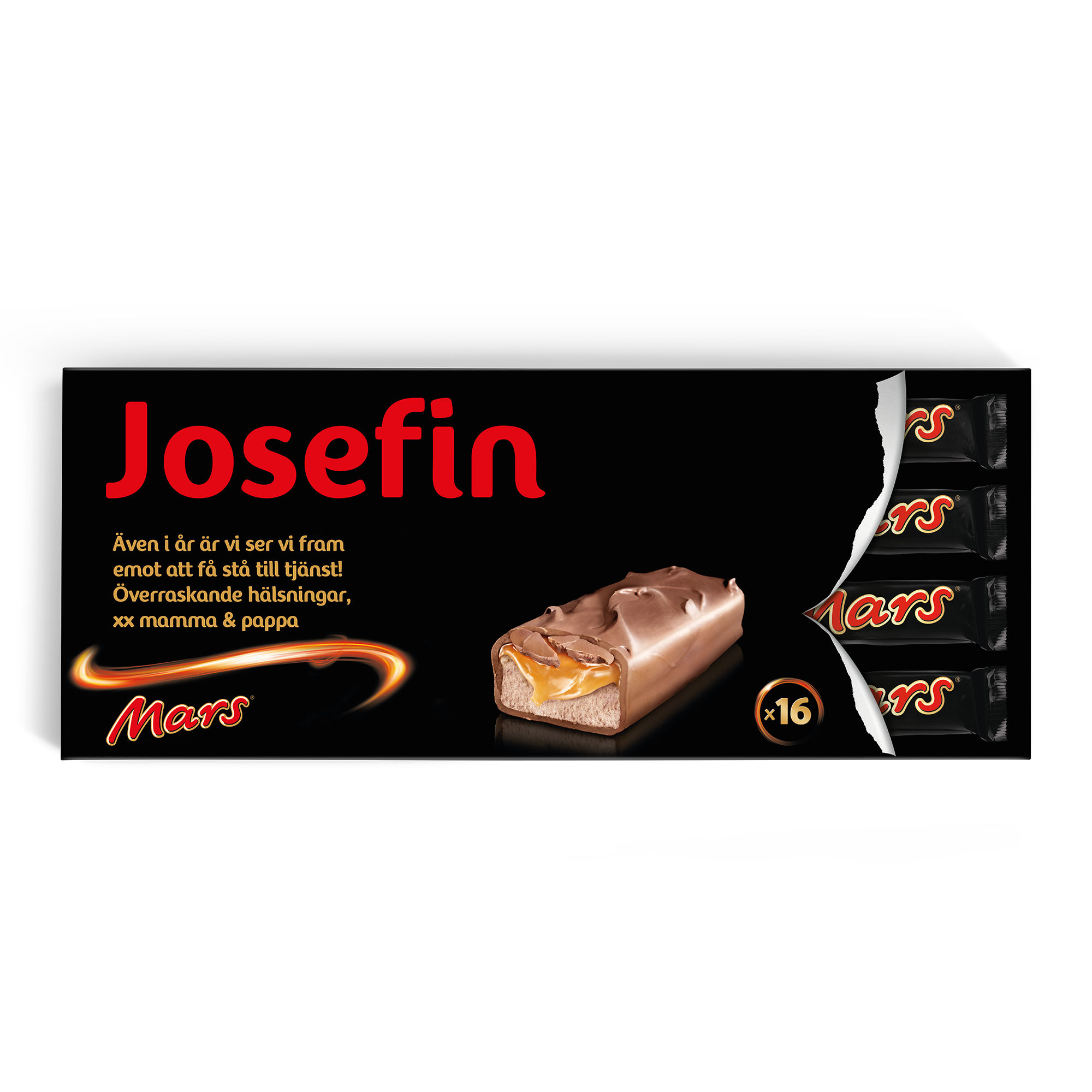 Denna personliga XXL Mars chokladkaka har ett tryckt omslag med namnet Josefin och ett meddelande, med 16 Mars bars synliga.