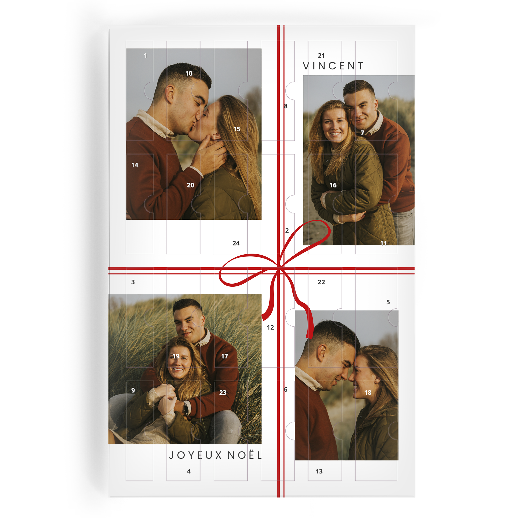Calendrier de l'Avent personnalisé avec des photos d'un couple, le nom Vincent et Joyeux Noël. Surprenez-les avec un compte à rebours avec une délicieuse boisson