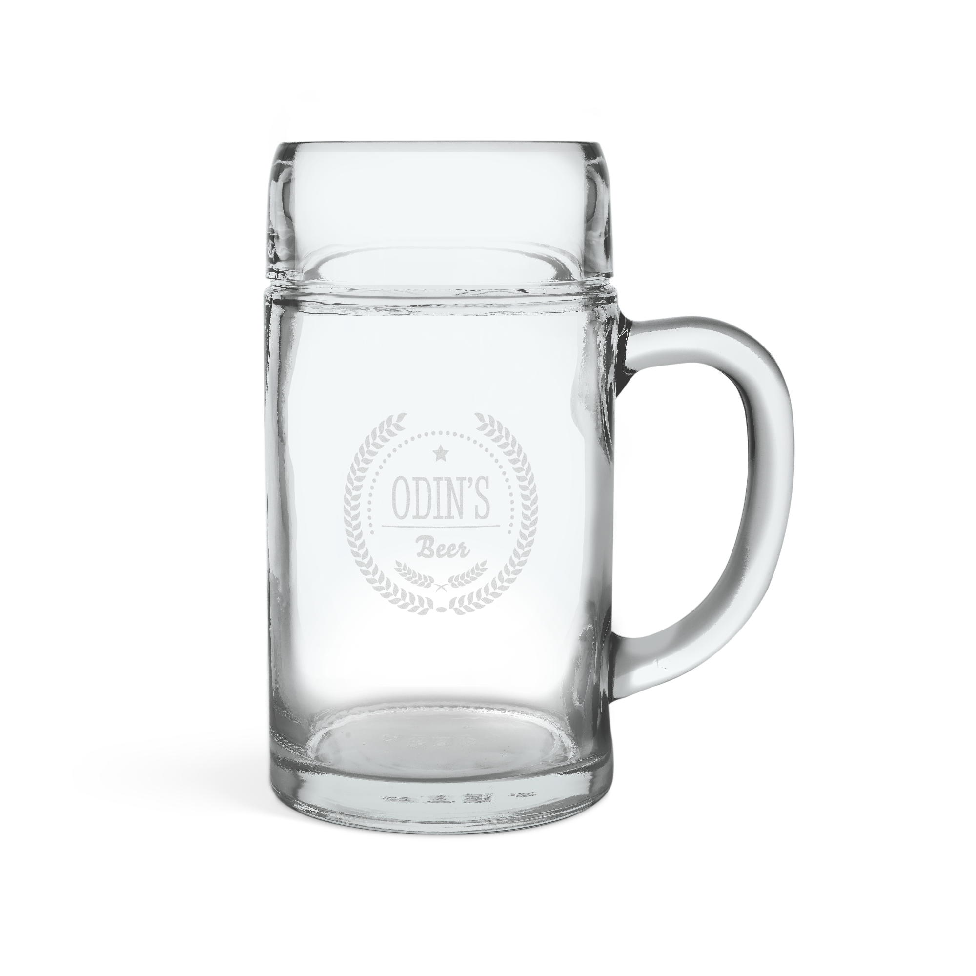 Personlig 1L ølglass, gravert med navnet "Odin's Beer" omkranset av en krans for å feire det gode liv.