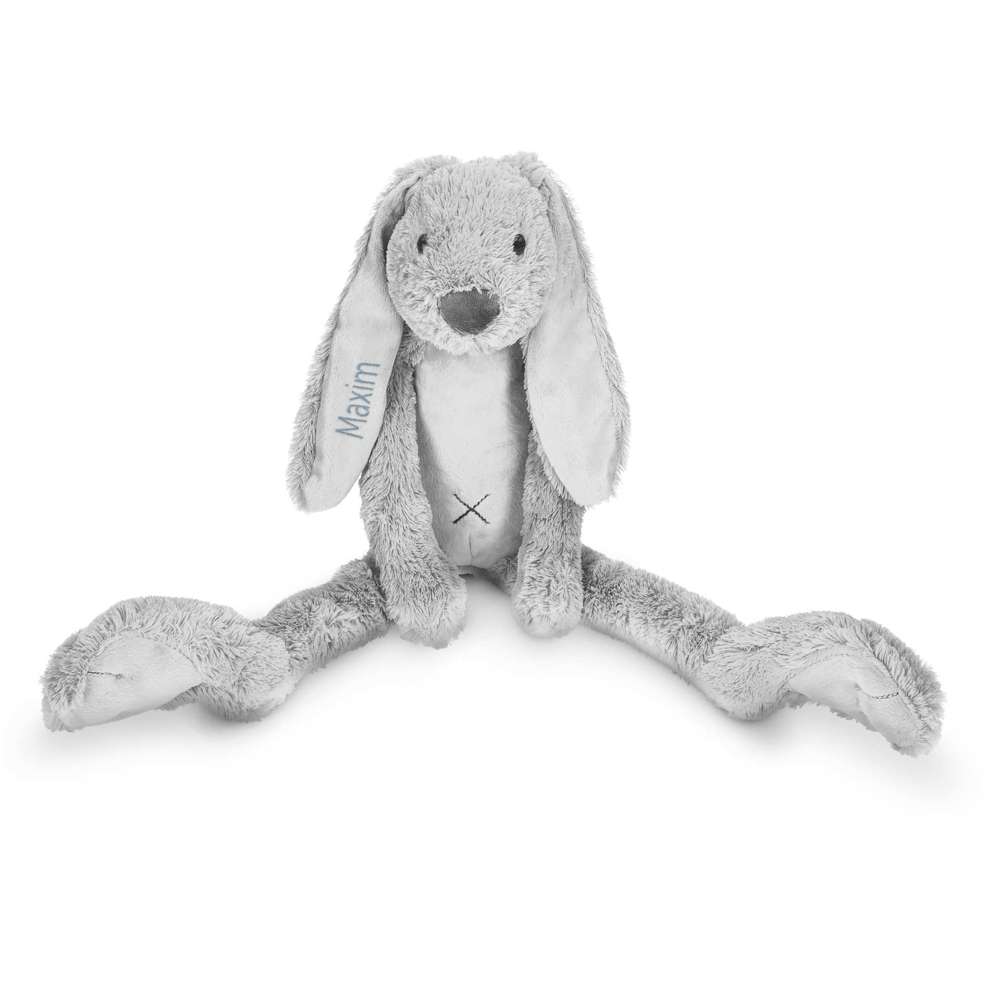 Graues Kuscheltier Hase mit Namen Maxim auf dem rechten Ohr gestickt, bereit zum Kuscheln mit diesem niedlichen Kaninchen mit Name