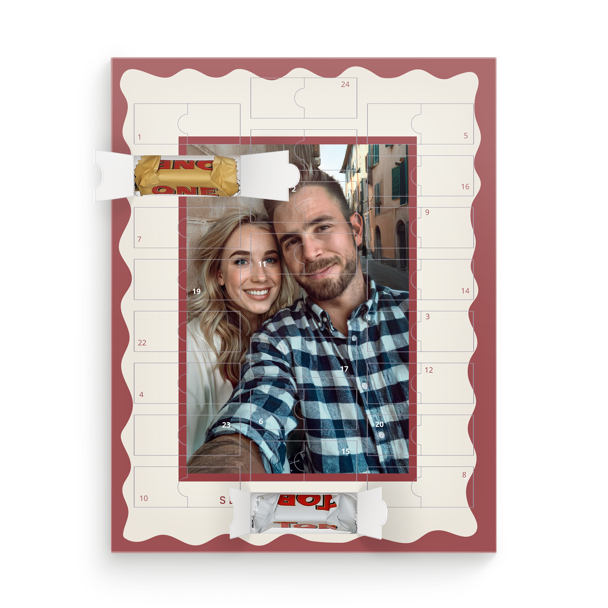 Conto alla rovescia per Natale con calendario dell'avvento personalizzato stampato con foto di una coppia e cioccolatini Toblerone