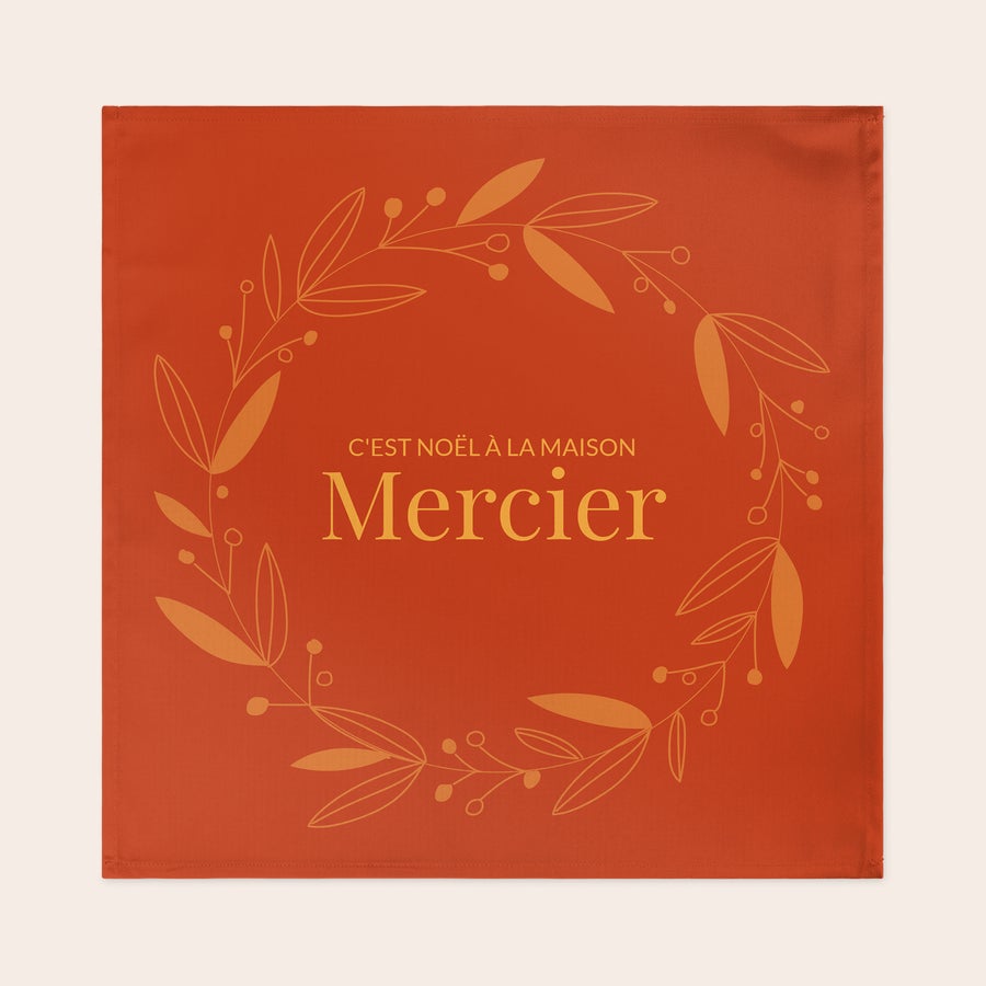 Serviettes de table personnalisées Serviette de table personnalisée orange imprimée d'une couronne végétale avec le texte C'EST NOËL À LA MAISON Mercier