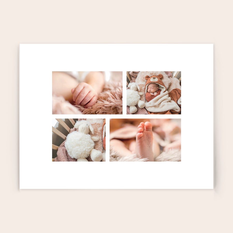 Tableau photo plexiglas Impression personnalisée sur plexiglas d'une photo de bébé endormi entouré de couvertures douces, avec ses petits pieds et mains visibles. Originalité et éclat sont garantis.