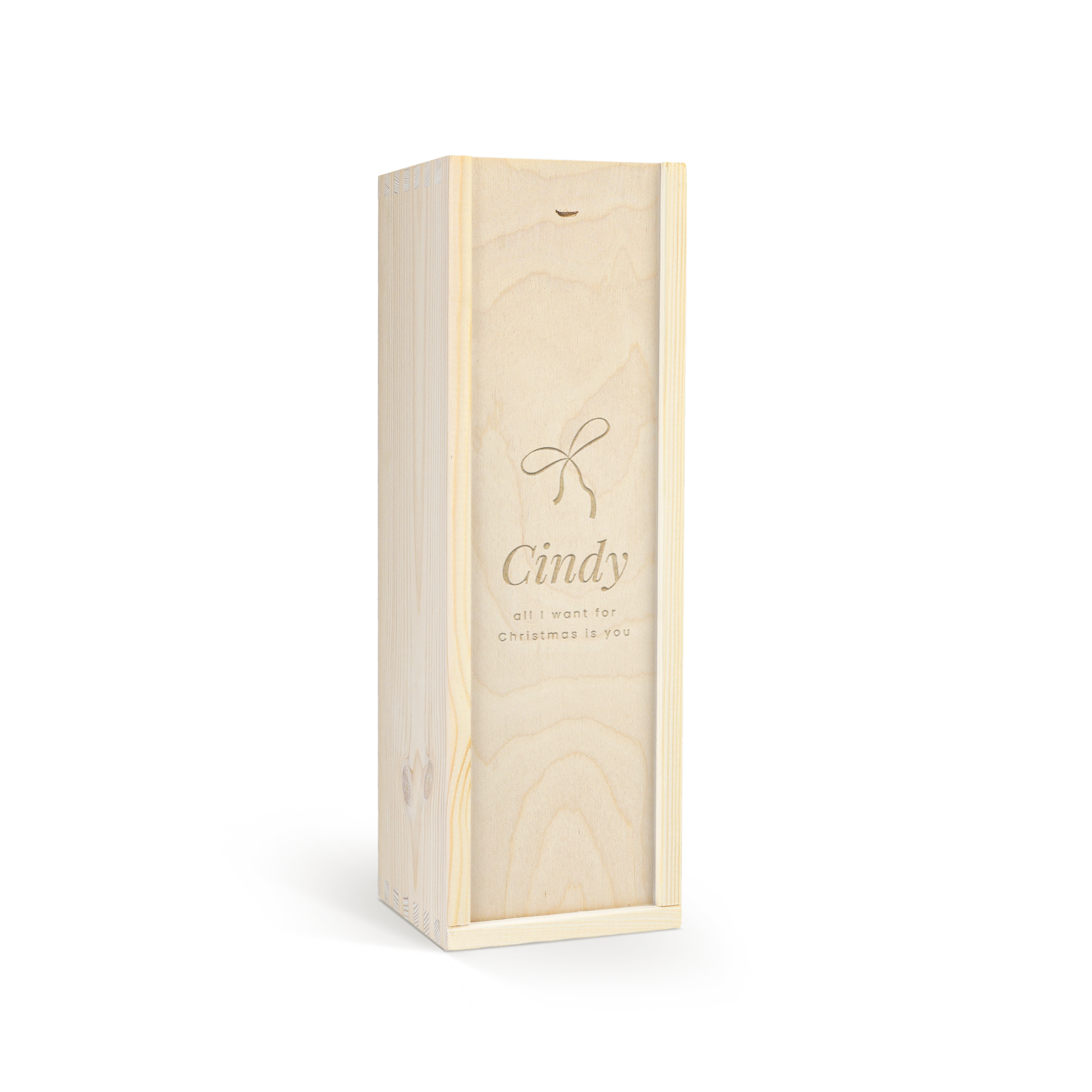 Regala un Vino alcool free Vintense in Cassetta di Legno Incisa con nastro e il nome Cindy e la frase all I want for christmas is you