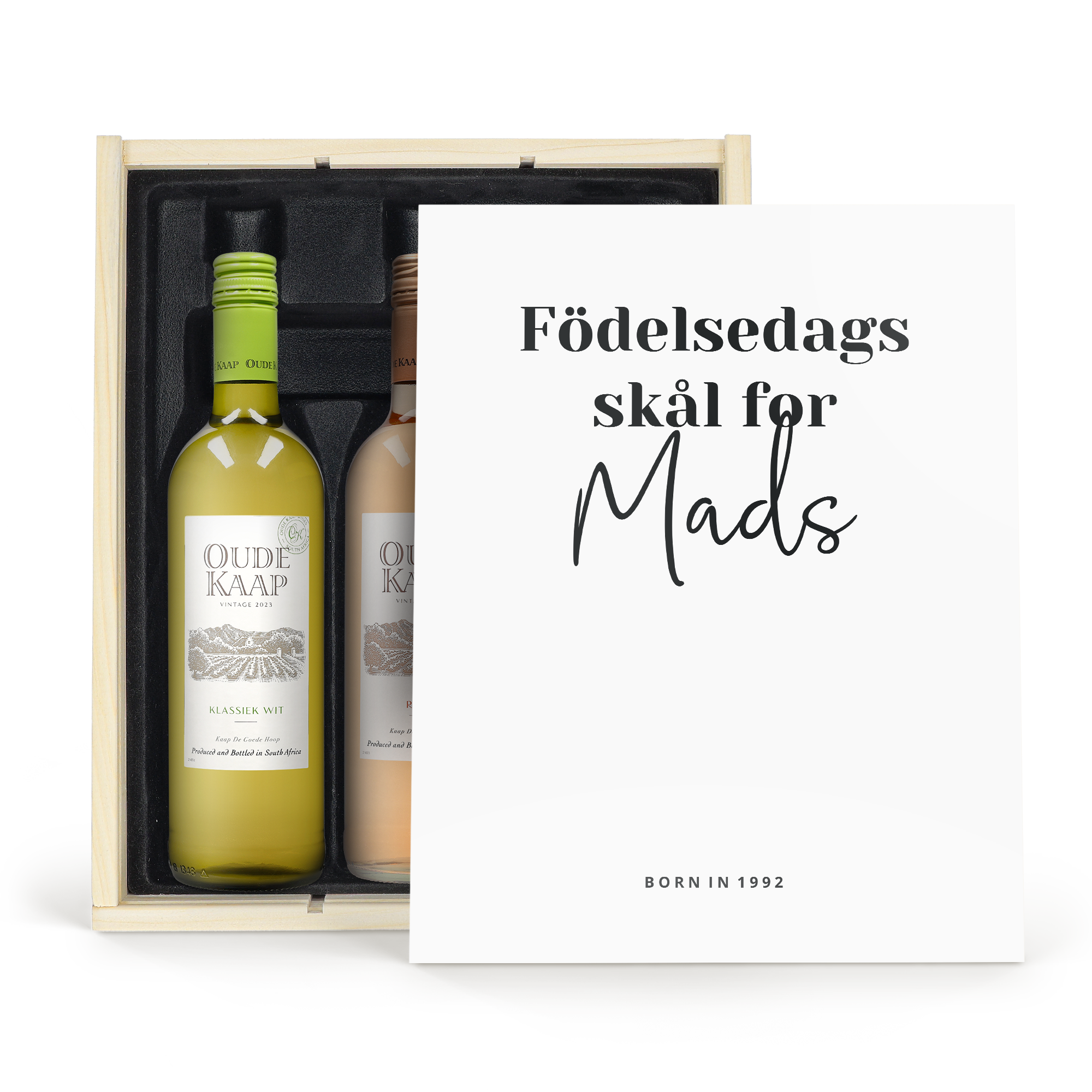Oude Kaap vinpaket i exklusiv vinlåda med vitt, rött och rosévin, tryckt med texten "Födelsedags skål för Mads".