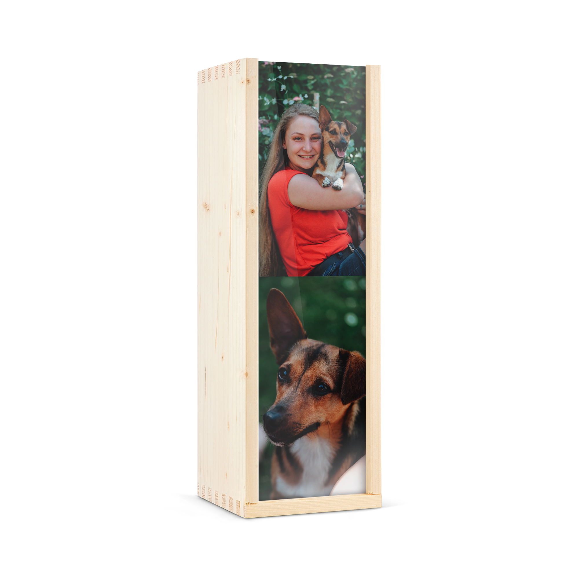 Trækasse til Bailey's flaske, trykt med et personligt foto af en kvinde der krammer en hund.