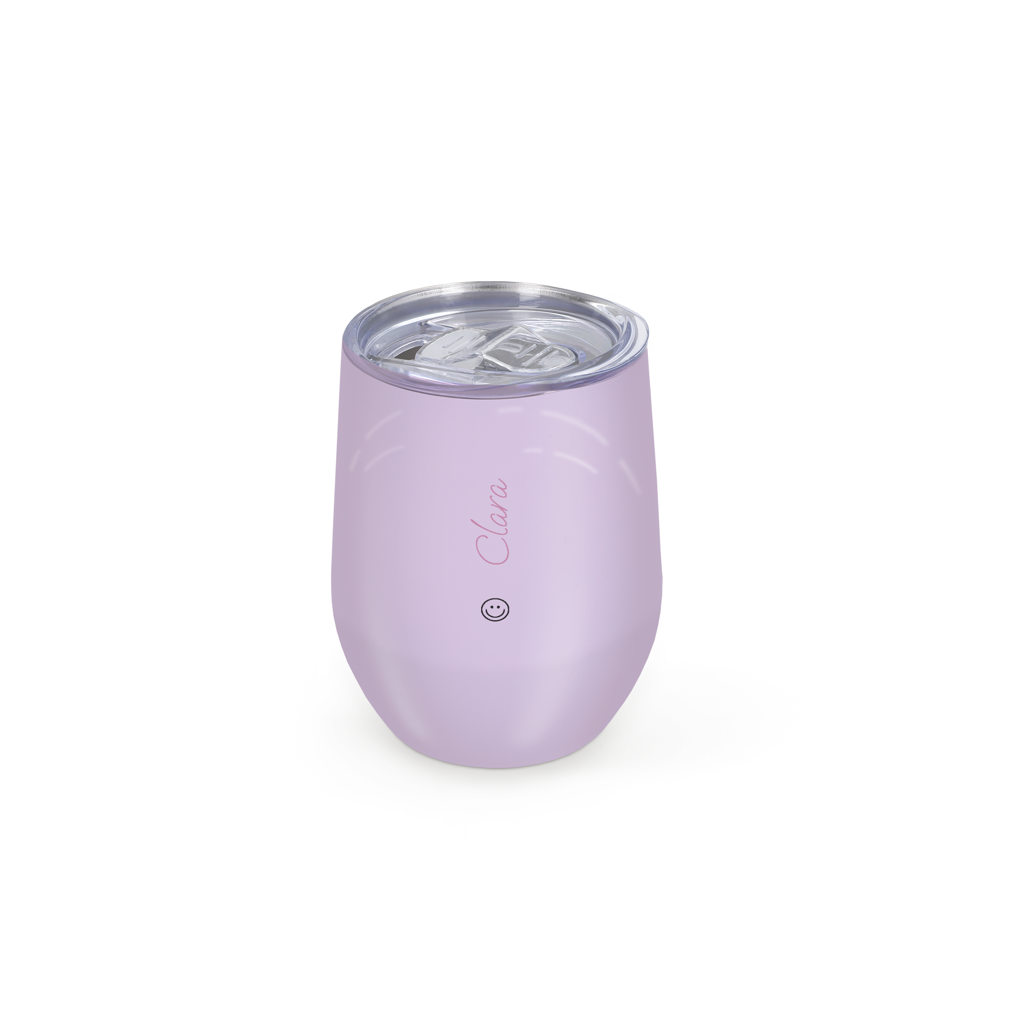 Gobelet de voyage avec couvercle - 350 ml - Violet, gravé du prénom Clara et d'un smiley.